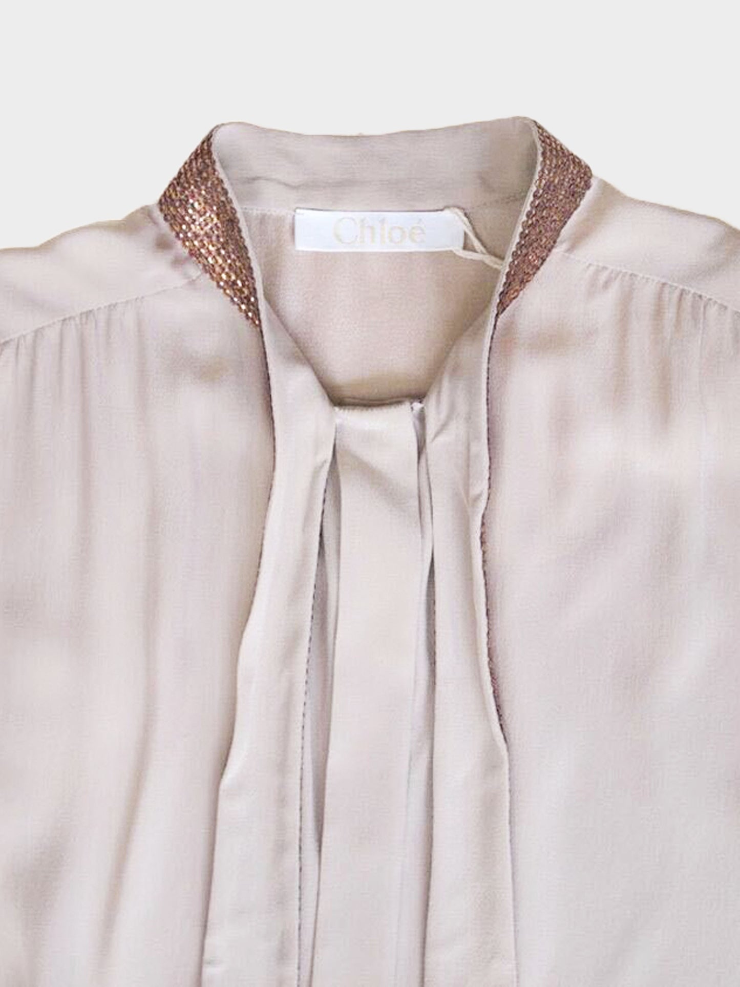 Chloé 2000s Beige Silk Shirt with Brown Sequined Collar