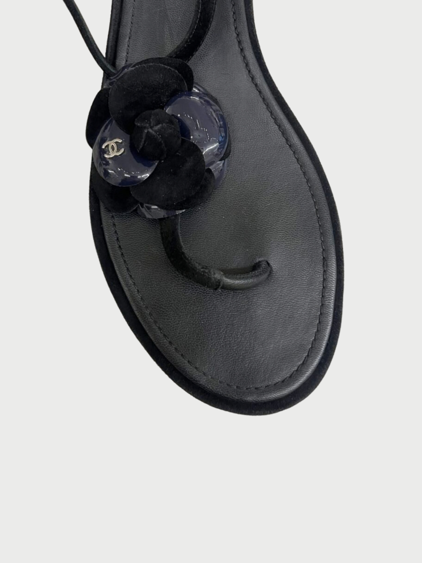 Chanel 2016 Black Suede Navy Patent Leather Camellia Thong Sandals