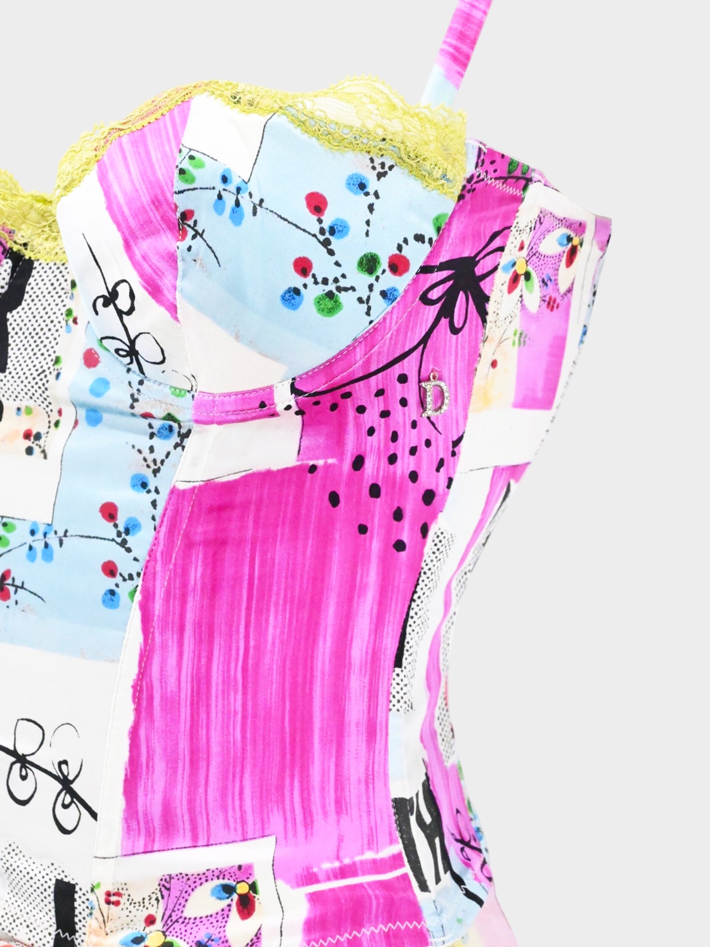 Christian Dior SS 2003 Filth Print Silk Bustier, Ruffled Top and Skirt Set