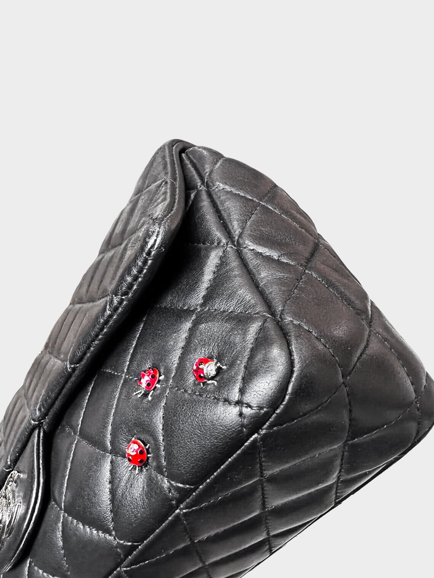 Chanel 2011 Black Lambskin Ladybug Medium Classic Single Flap Bag