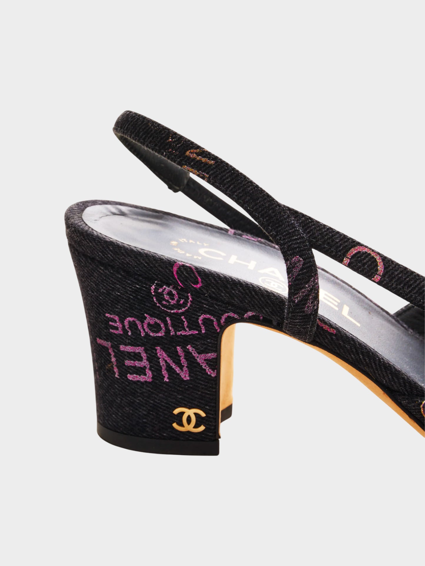 Chanel SS 2022 Cotton Denim Printed Logo Slingback Heels