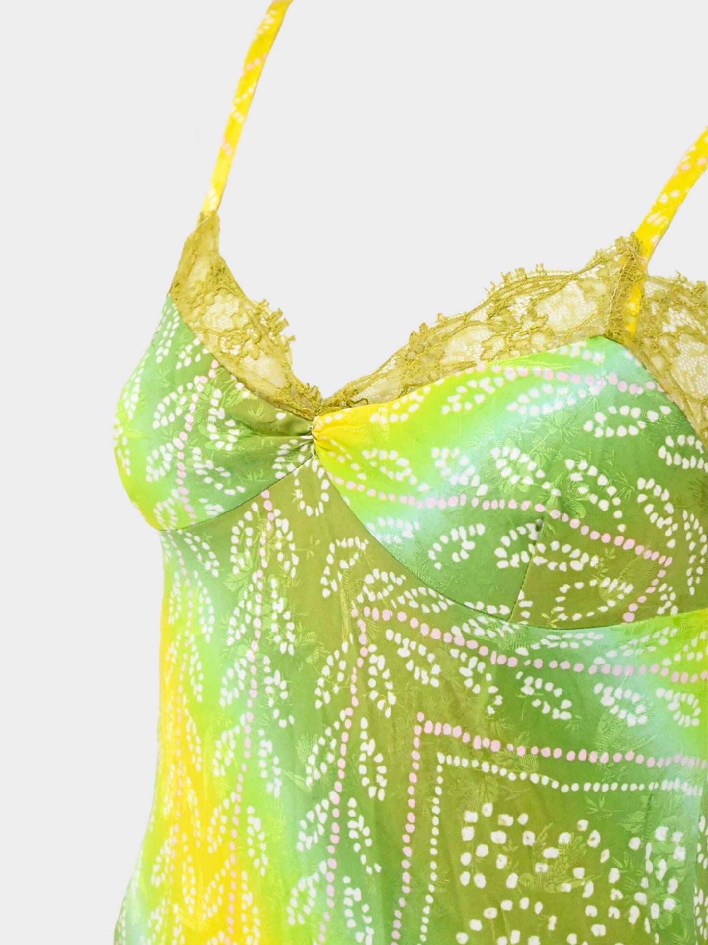 John Galliano 2000s Green and Yellow Plant Motif Print Top and Flared Chiffon Skirt Set
