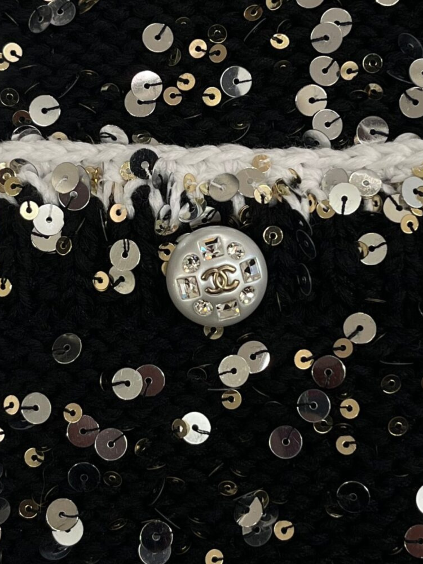 Chanel 2023 Black Cream Cotton Knit Sequined Mini Dress