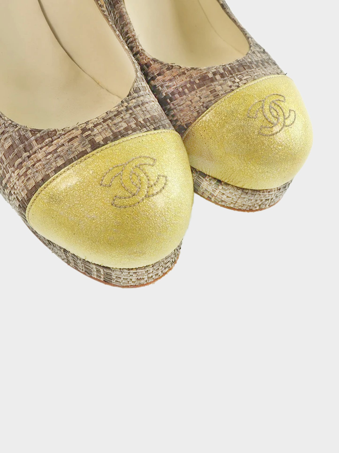Chanel Spring 2010 Metallic Gold Patent Leather CC Raffia Lesage Pumps