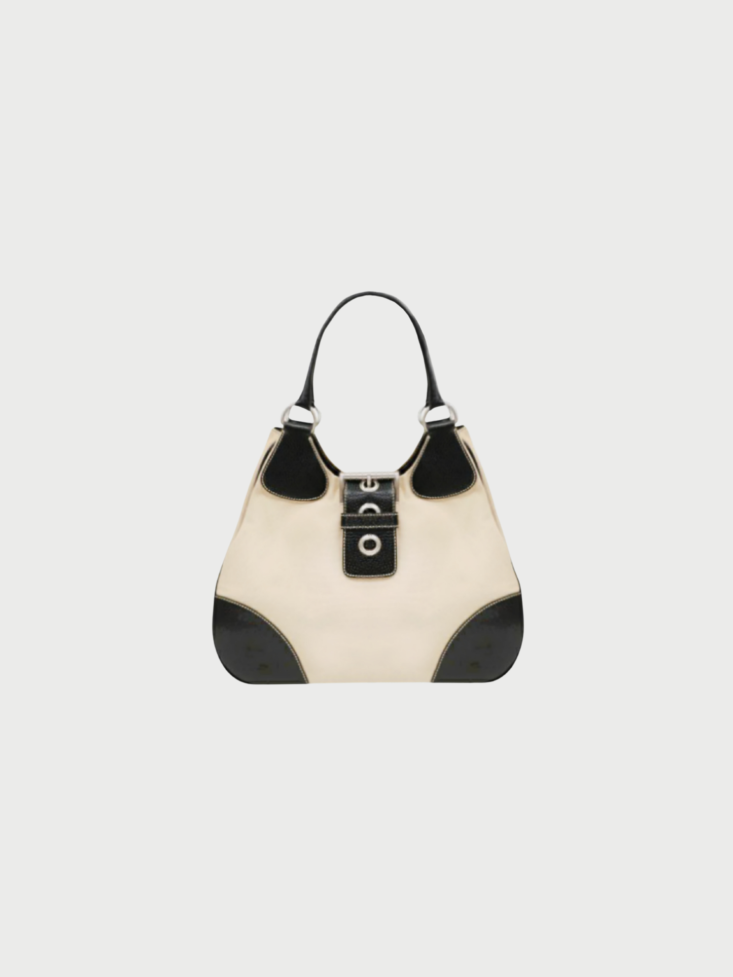 Prada 2000s Beige Black Triangle Logo Canvas Leather Handbag