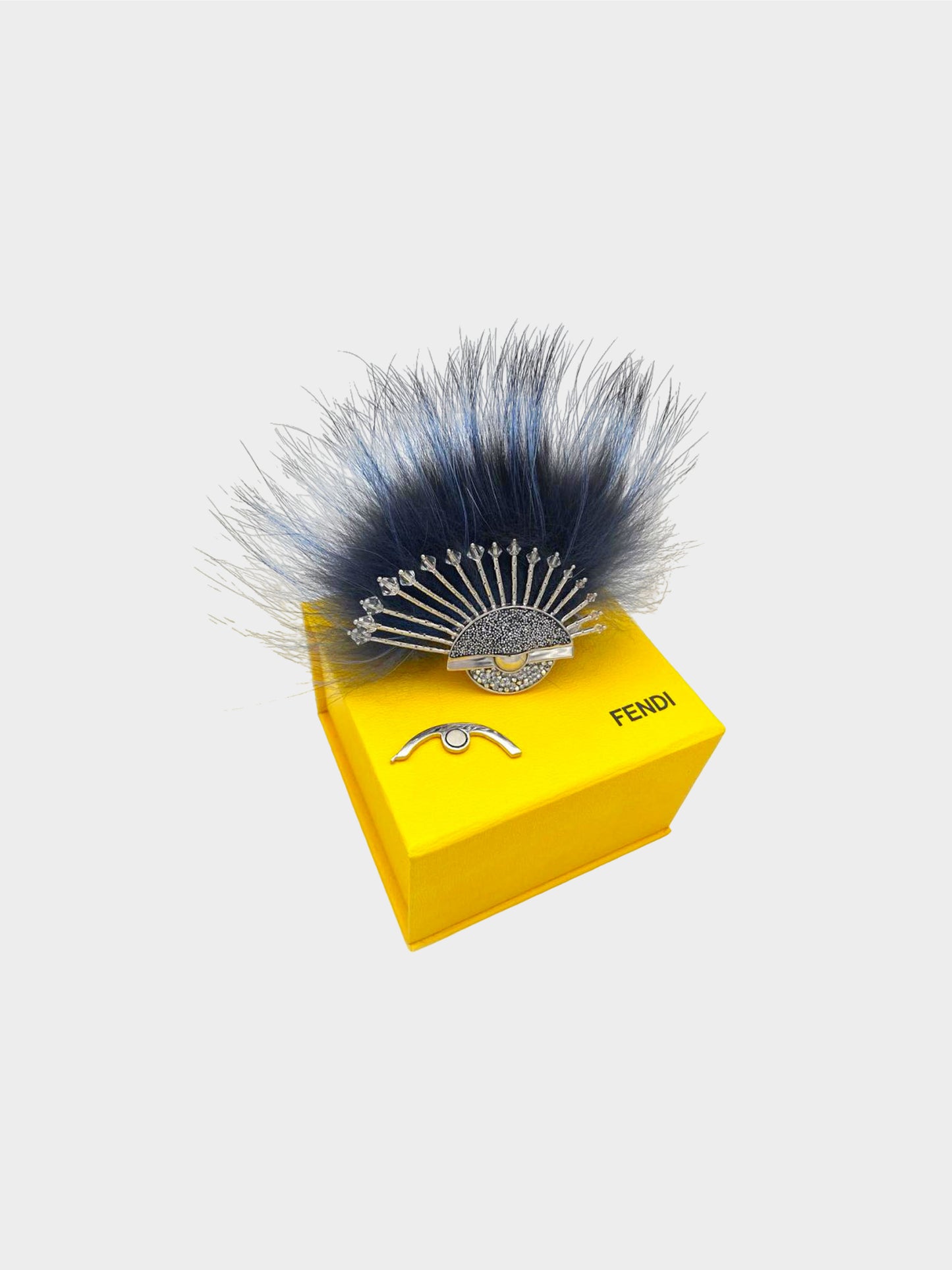 Fendi 2010s Blue Faux Fur Crystal and Pearl Double Ring