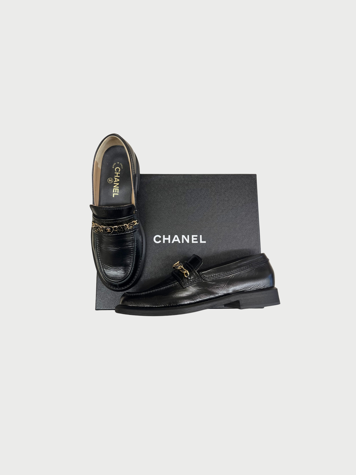 Chanel 2020s Black Calfskin Chain Embellished Loafers