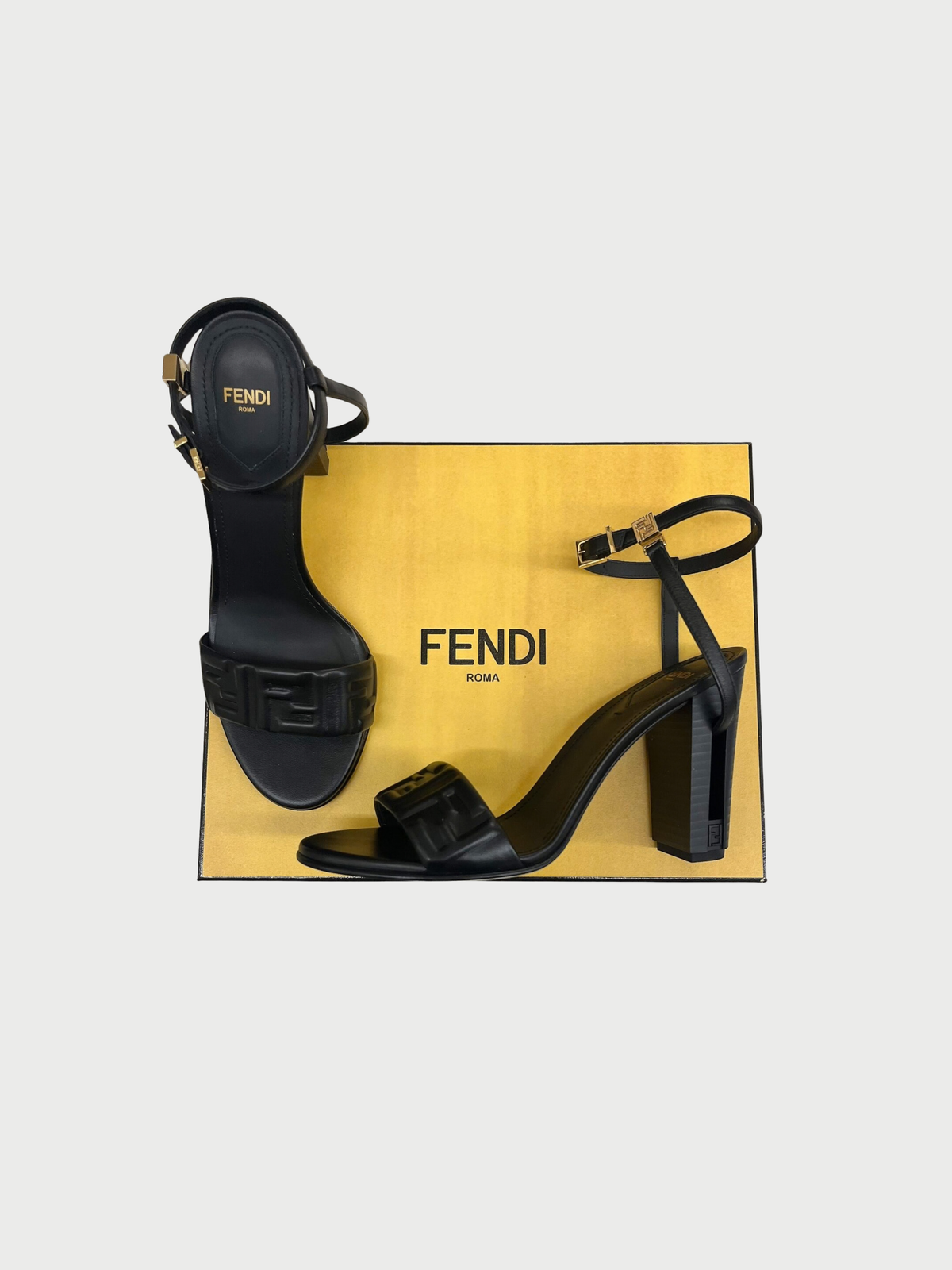 Fendi 2020s Black Nappa Leather FF Delfina Heeled Sandals