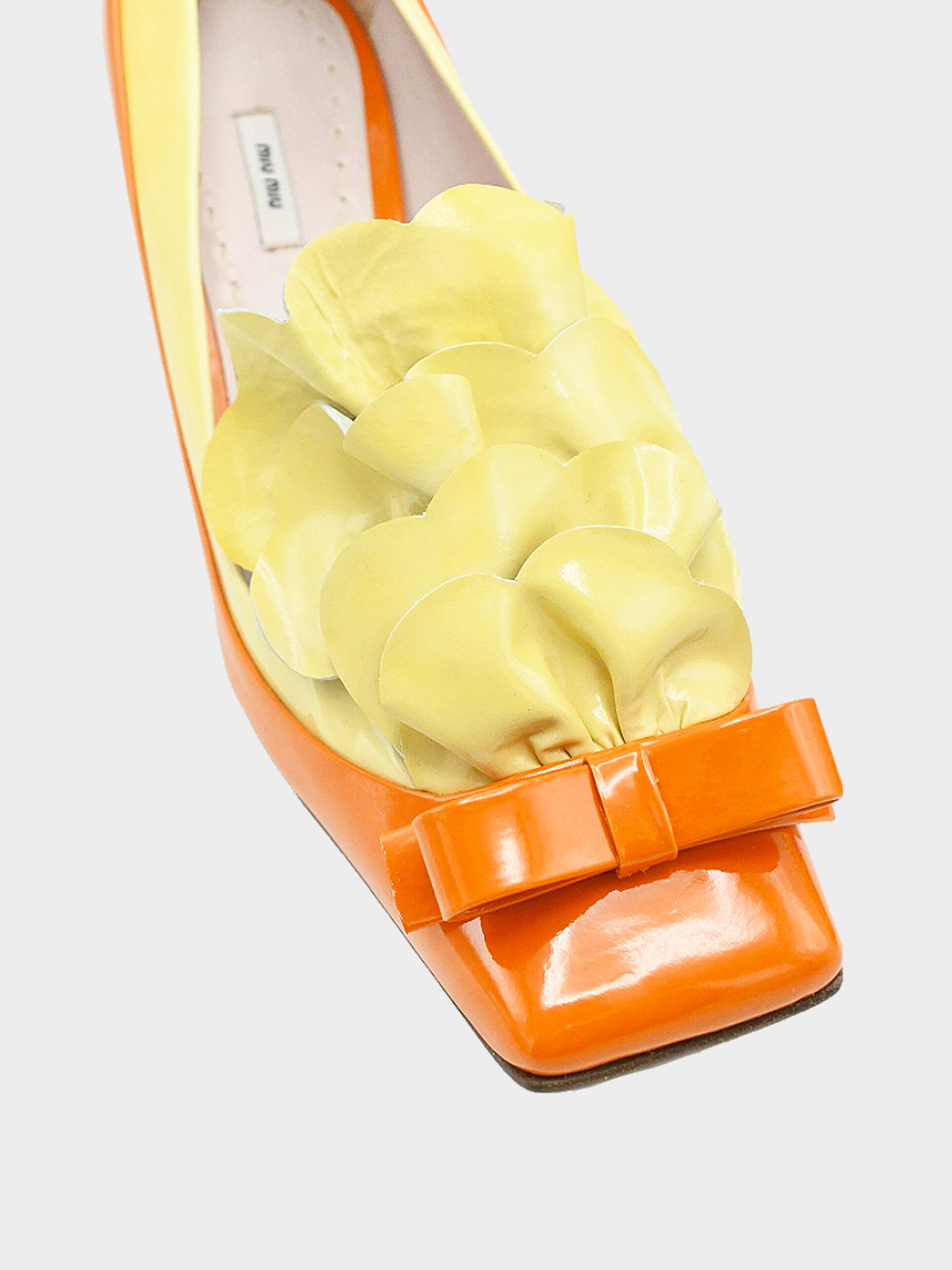 Miu Miu 2010s Orange and Yellow Patent Leather Ruffle Bow Kitten Heel Pumps