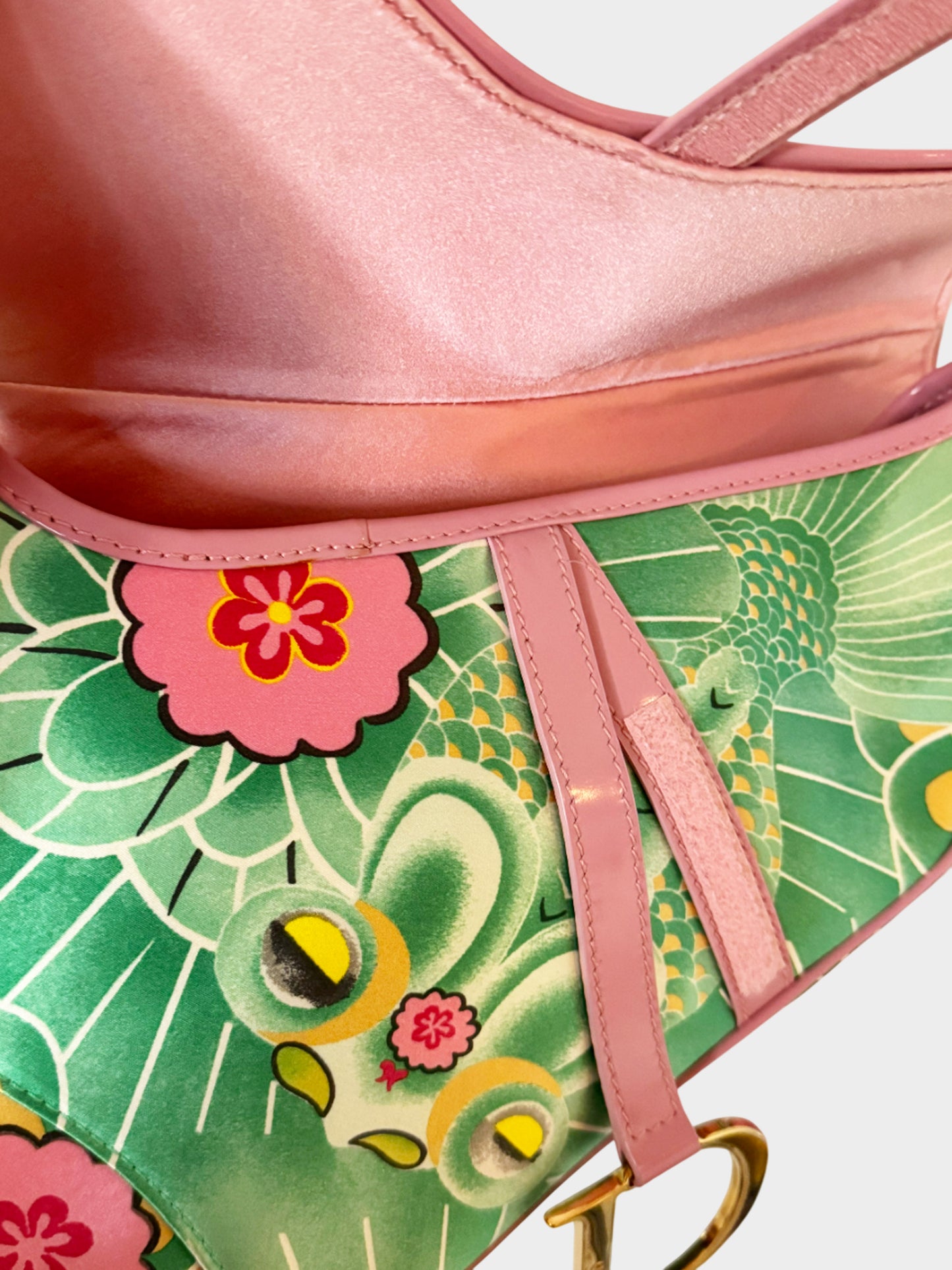 Christian Dior 2003 Green Floral and Koi Print Saddle Bag with Tassels