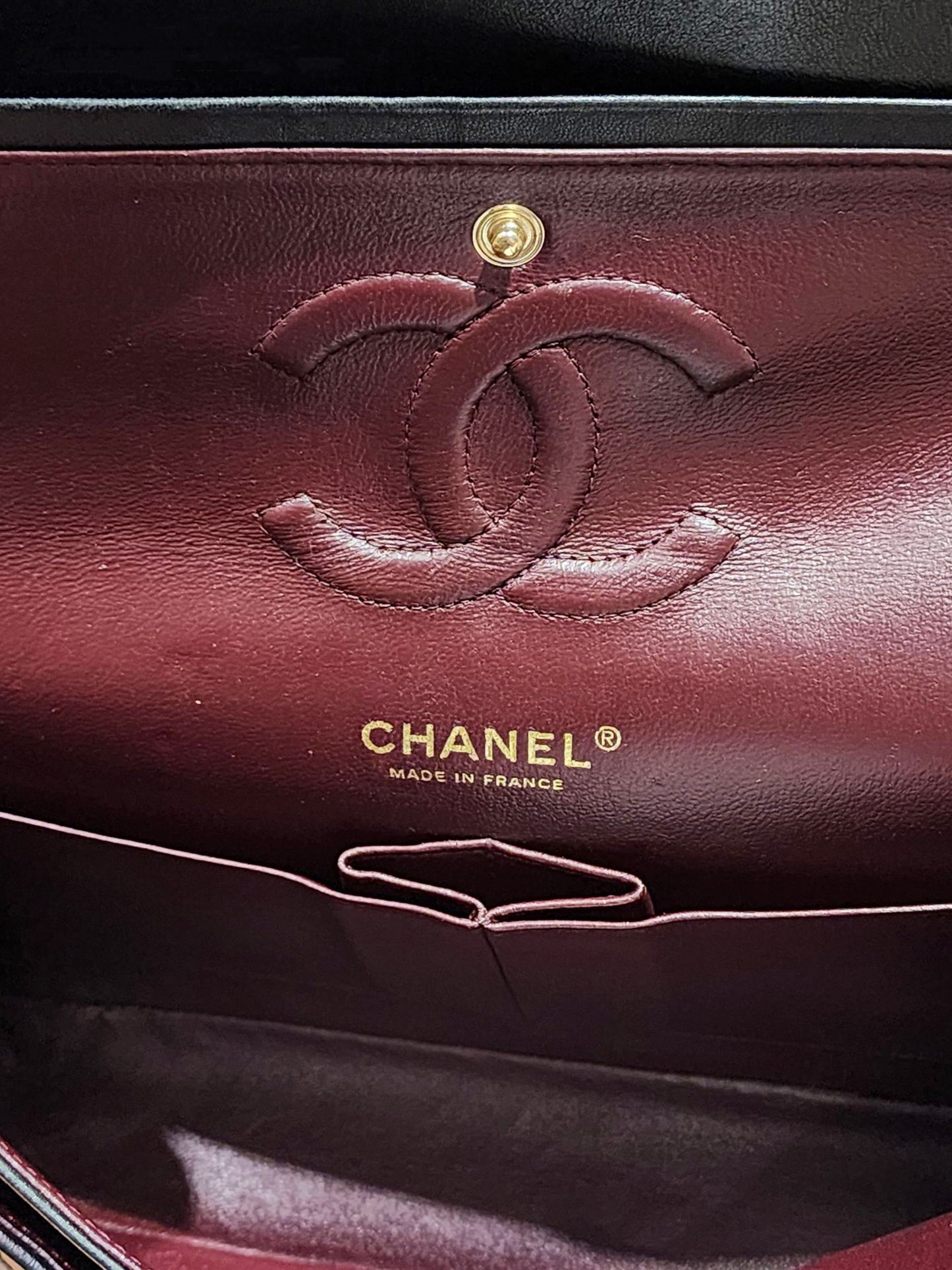 Chanel Late 2010s Black Lambskin Leather Chevron Stitch Medium Classic Flap Bag