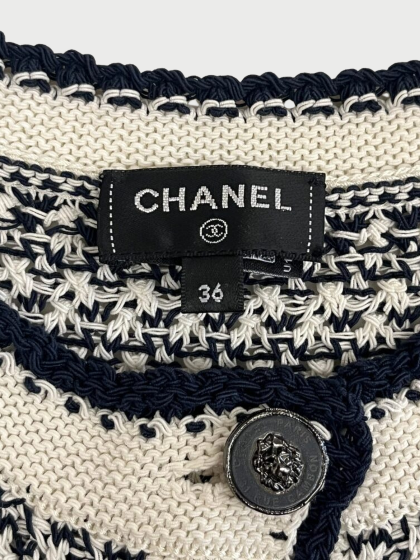 Chanel 2022 Cream Navy Cotton Crochet Knit Dress