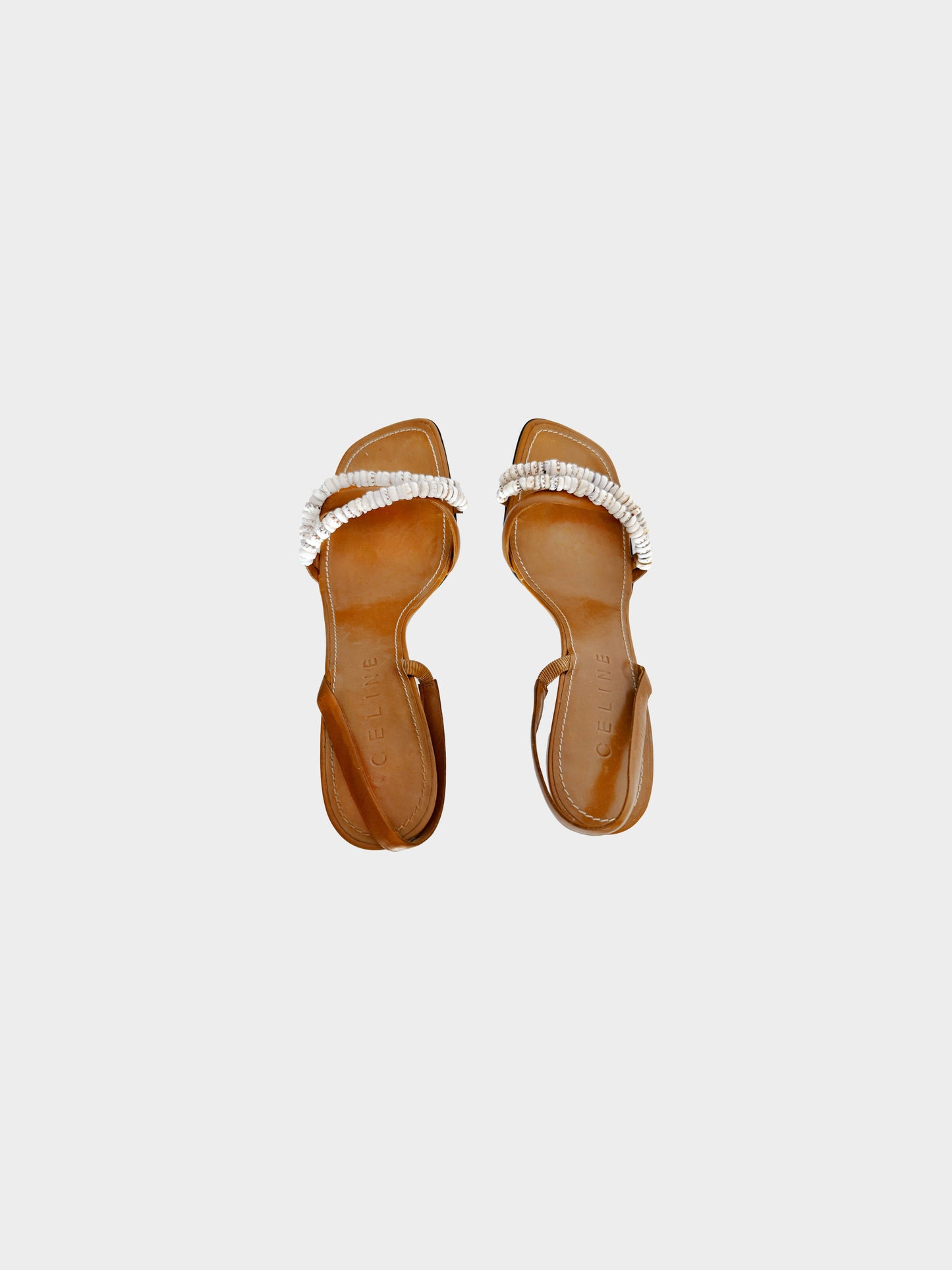Céline by Phoebe Philo 1990s Brown Leather and Shell Slingback Sandals