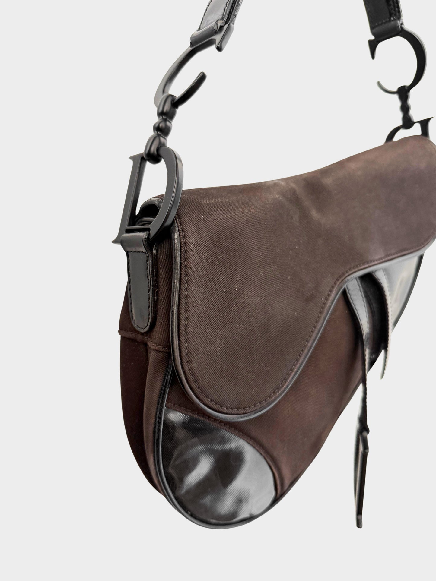 Christian Dior 2000 Dark Brown Canvas and Black Patent Leather Saddle Bag