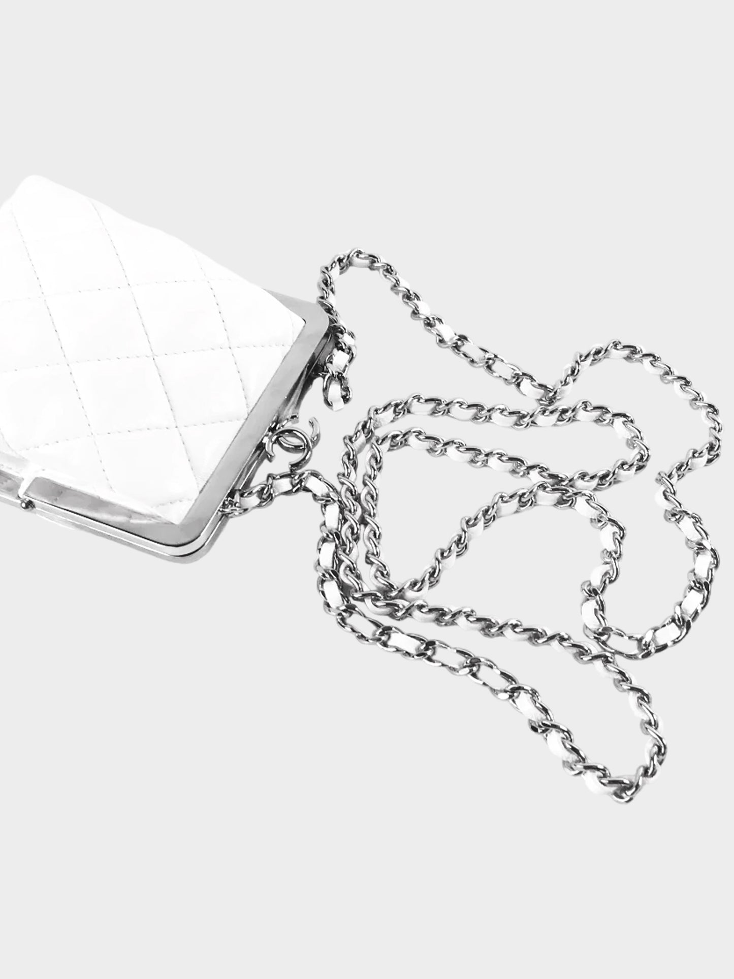 Chanel 2021 White Lambskin Kiss Clutch With Chain