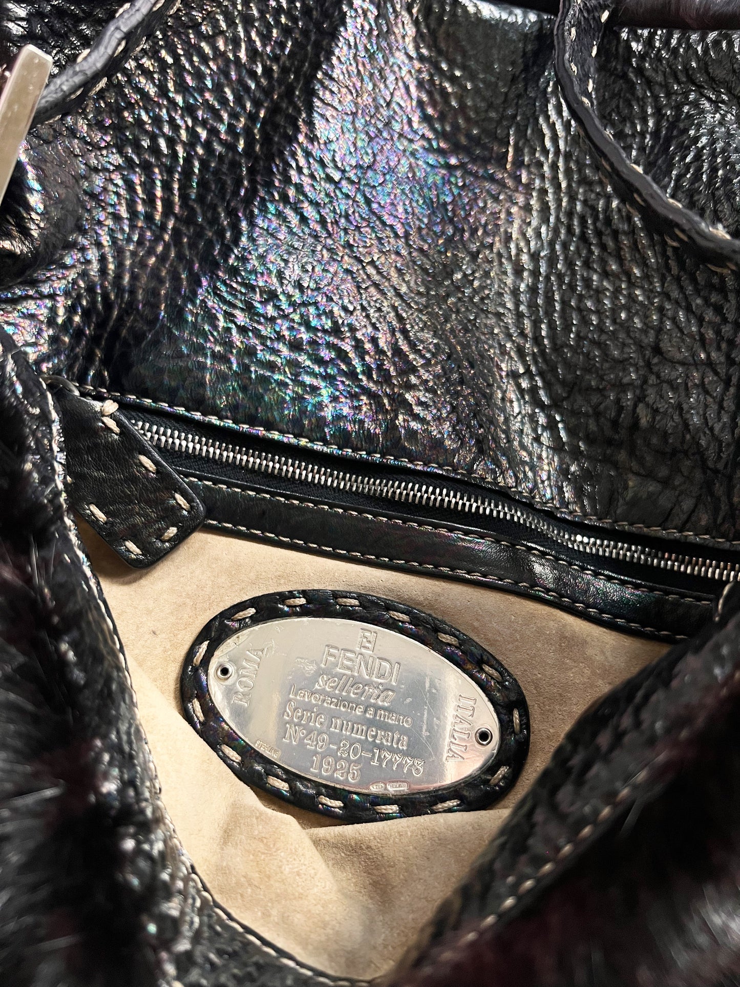Fendi 2000s Black Mink Fur and Leather Selleria Baguette Bag