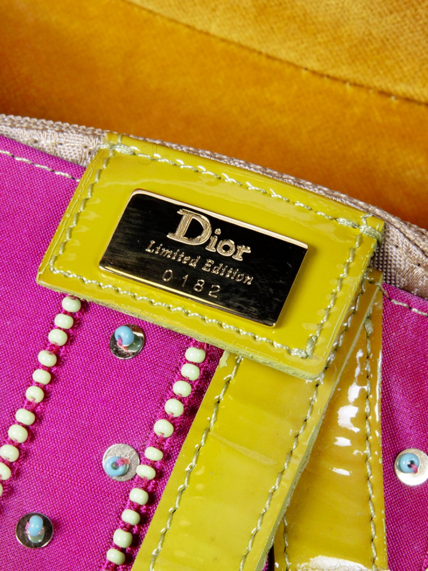 Christian Dior Spring 2002 Limited Edition Pink and Yellow Green Pom Pom Saddle Bag