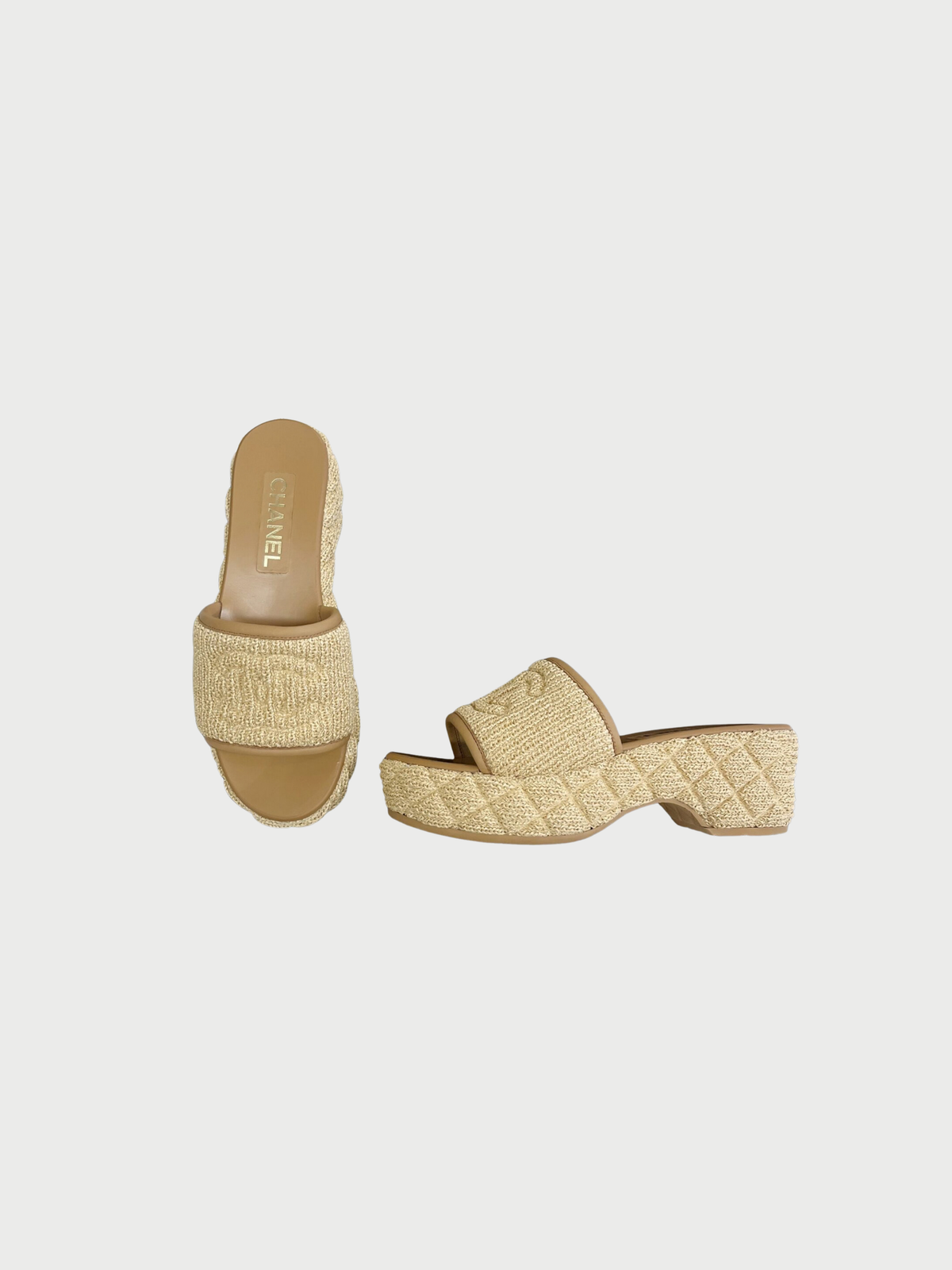 Chanel 2010s Cream Raffia CC Platform Mule Sandals