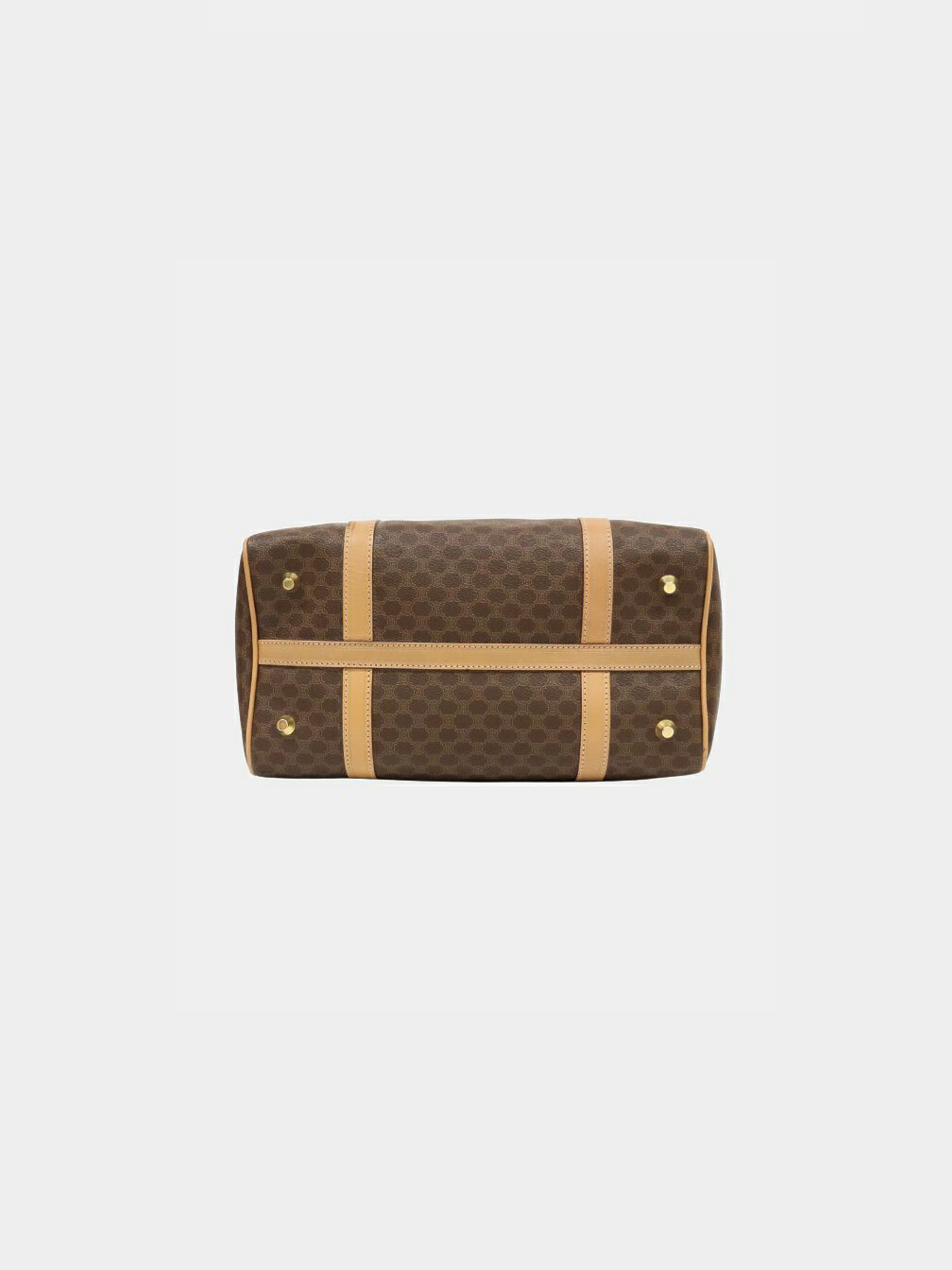 Celine 1990s Brown PVC and Leather Macadam Blazon Embossed Boston Bag