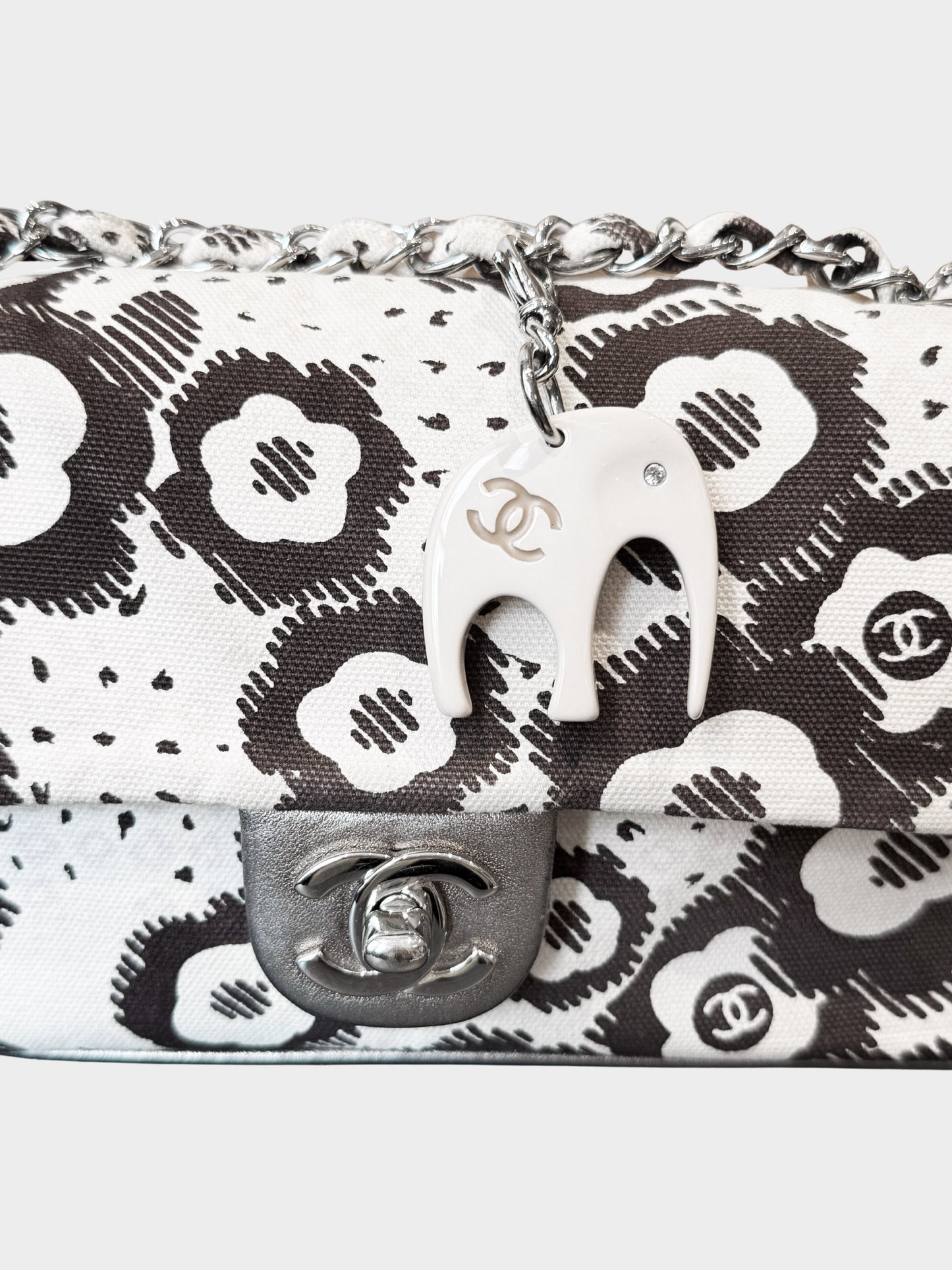 Chanel 2005-2006 White Canvas Camellia Print Flap Bag
