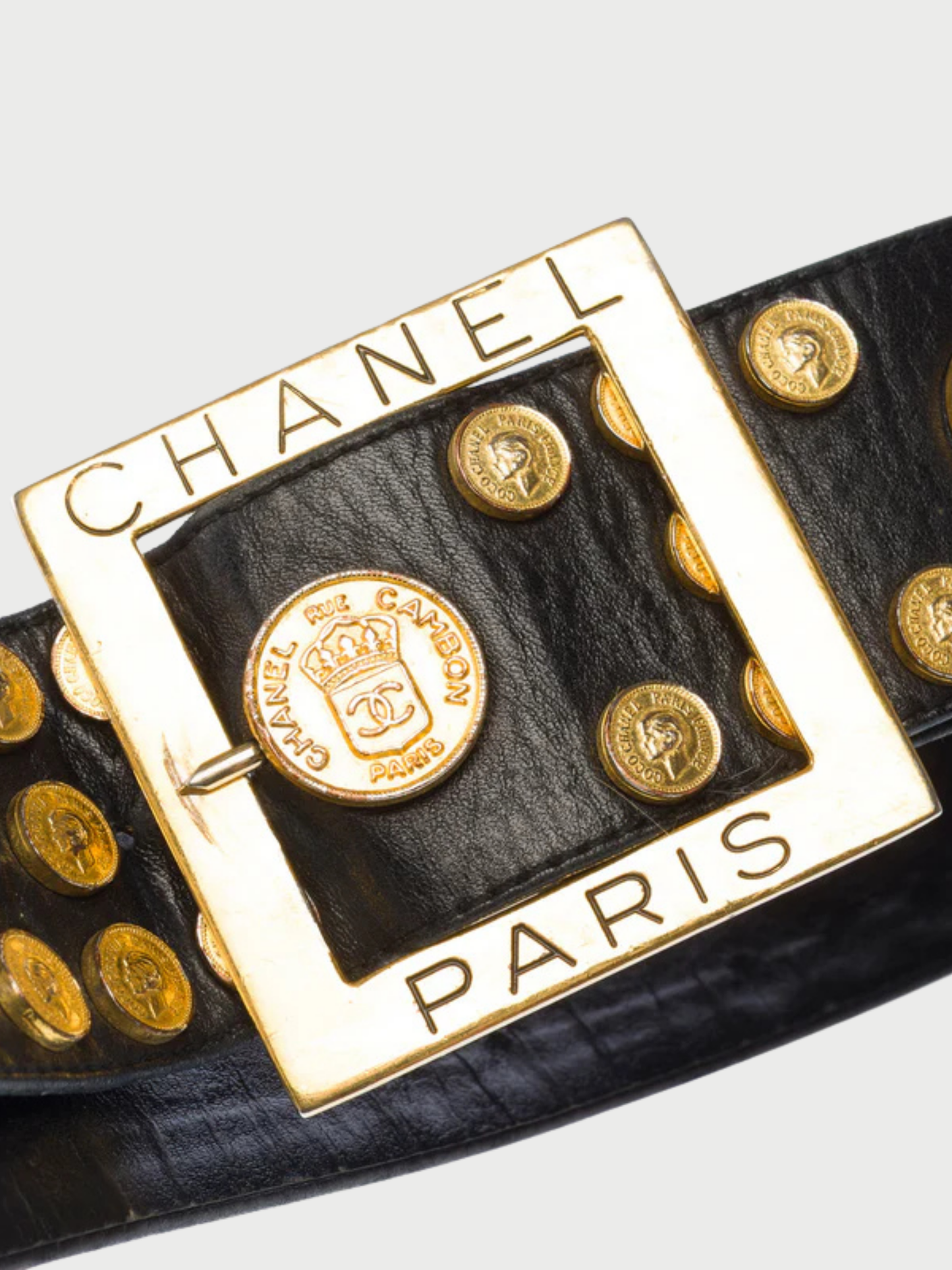 Chanel 1990s Black Leather Gold Metal Belt