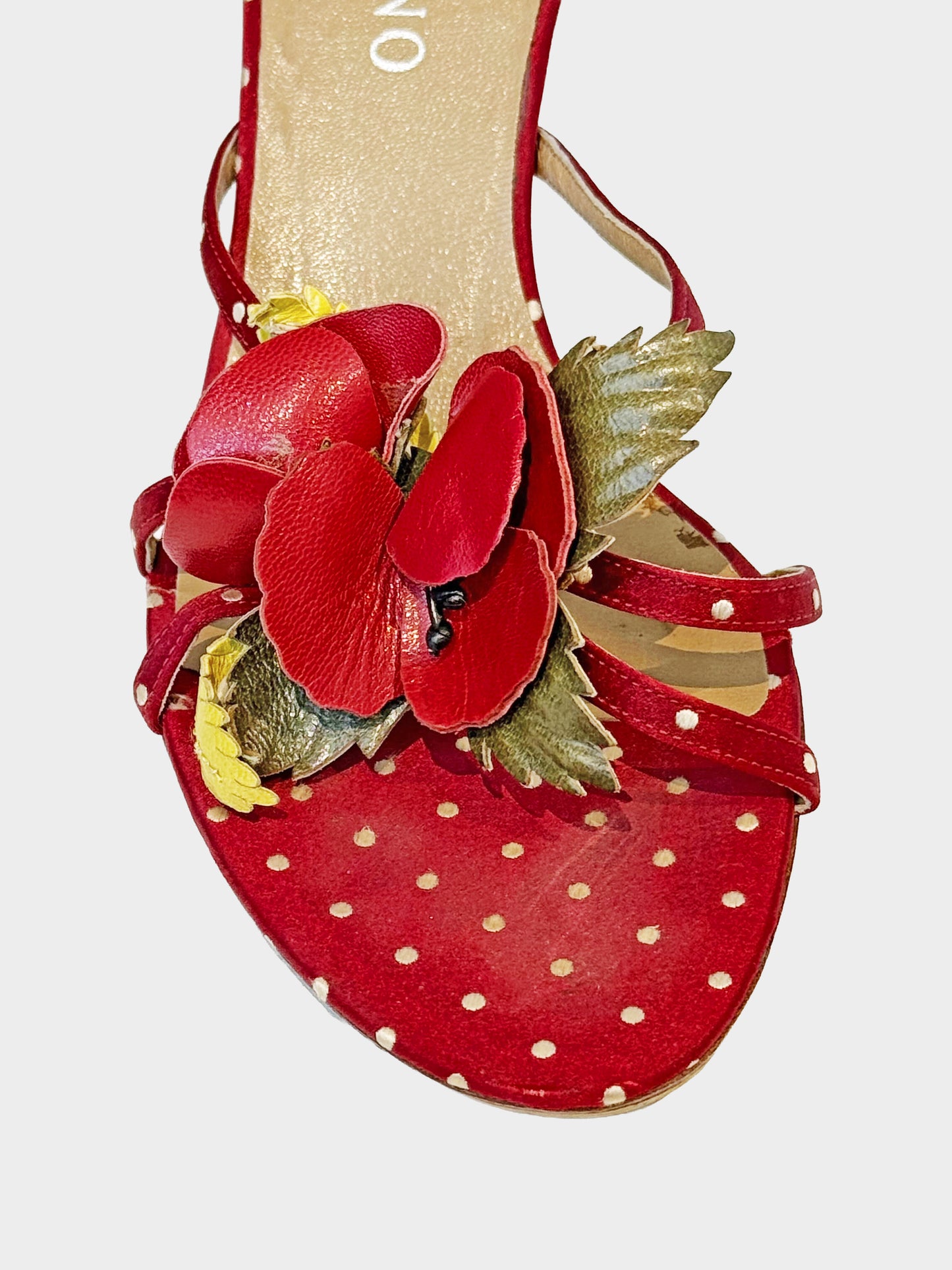 Valentino 2000s Red and White Polka Dot Floral Heels
