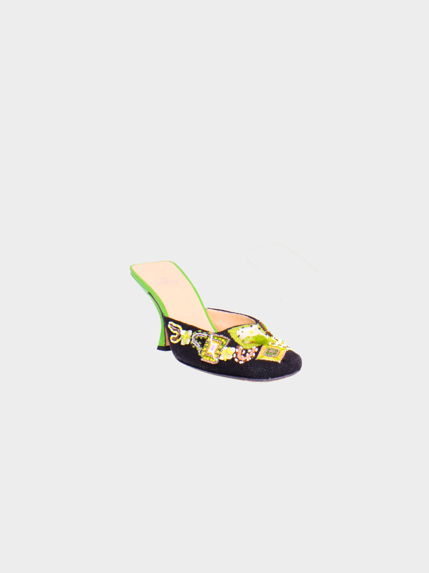 Fendi 1990s Black and Green Embellished Canvas Mules