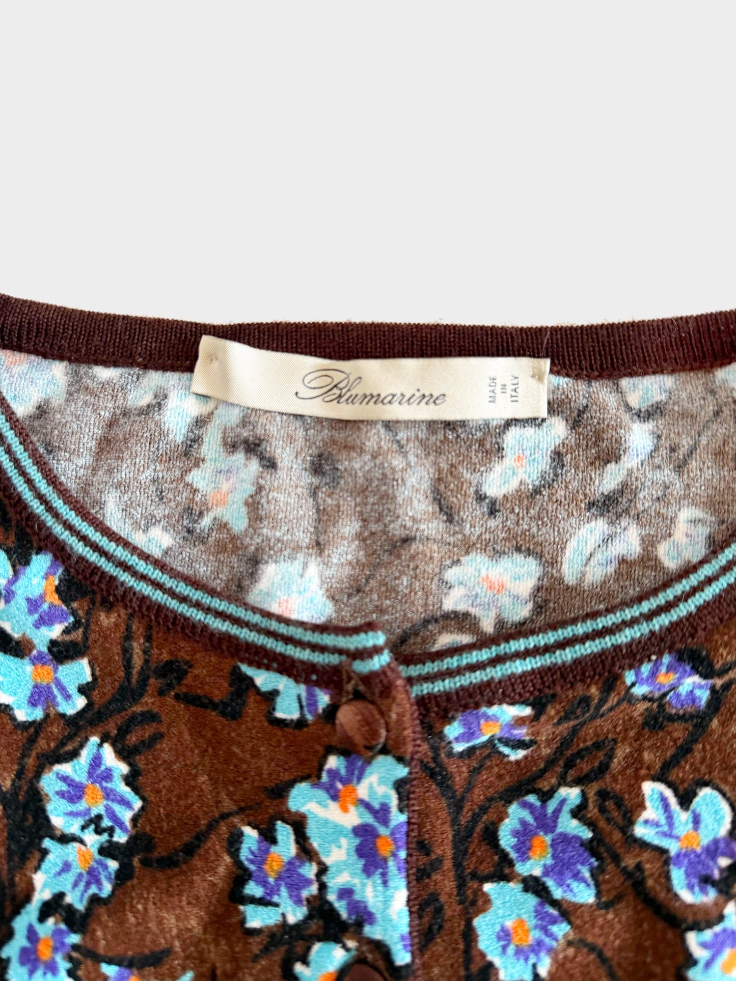 Blumarine 2000s Brown and Blue Floral Print Long-Sleeved Top