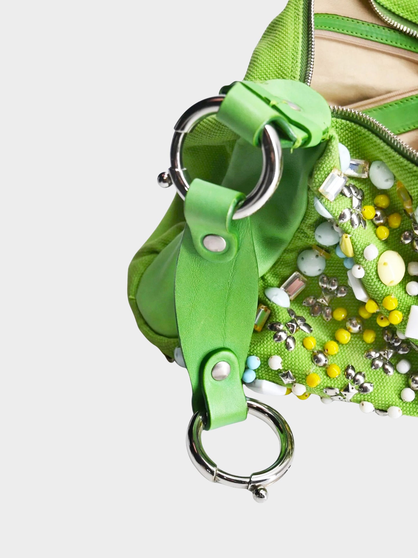Chloe 2004 Green Canvas and Leather Beaded Hobo Bag