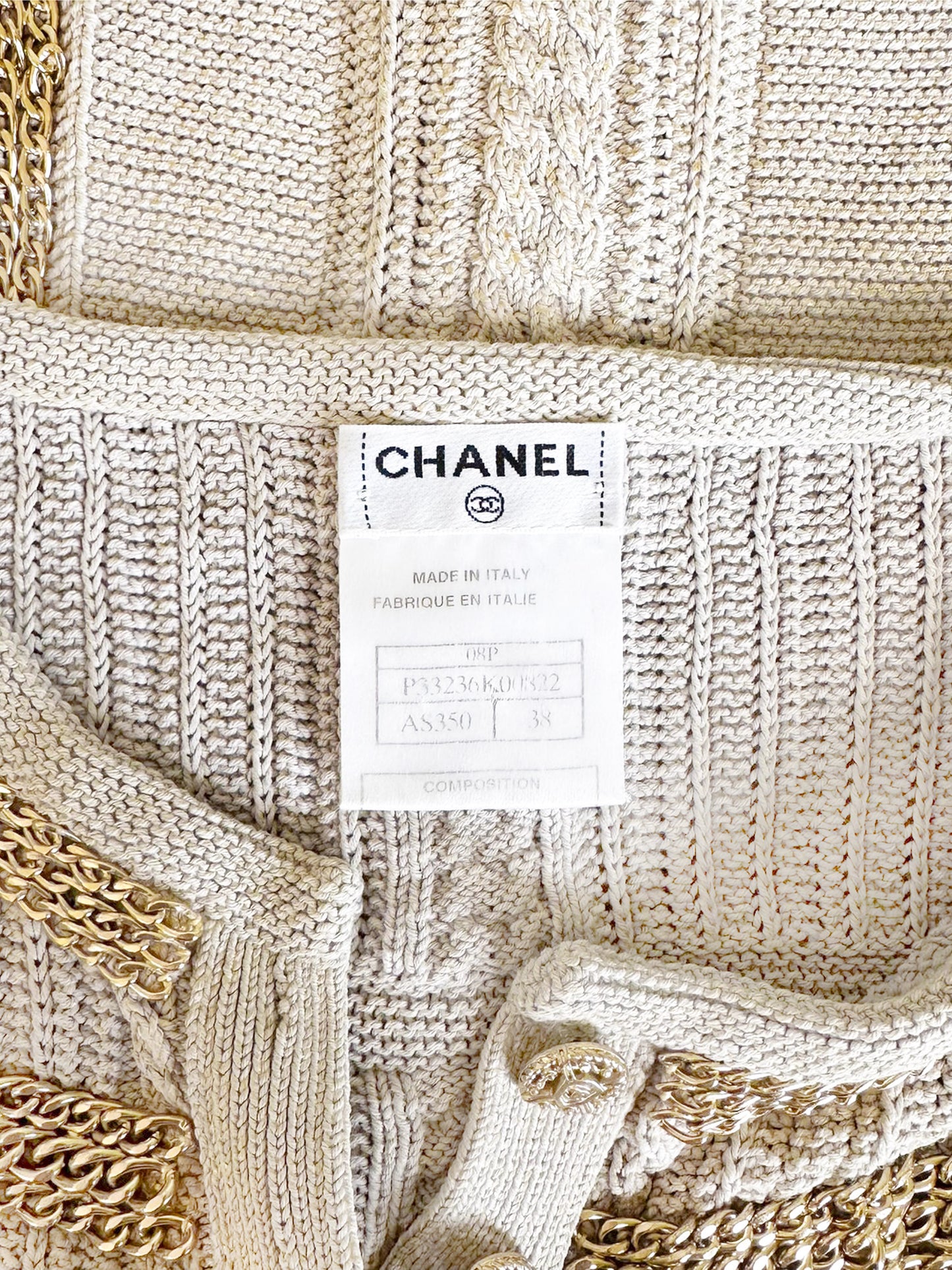 Chanel by Karl Lagerfeld SS 2008 Beige Knit Cardigan with Gold Chains
