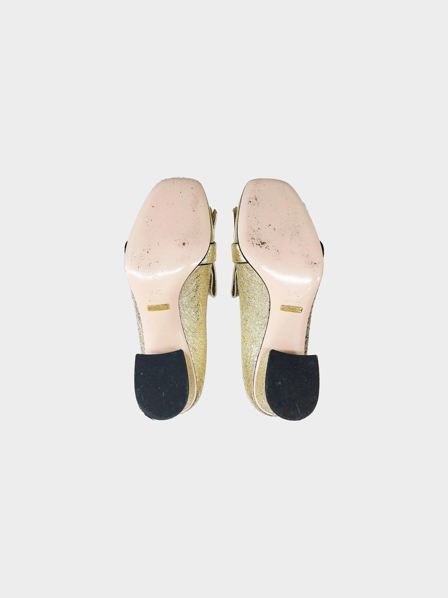 Gucci 2010s Metallic Gold Crinkle Leather Block Heeled Loafers