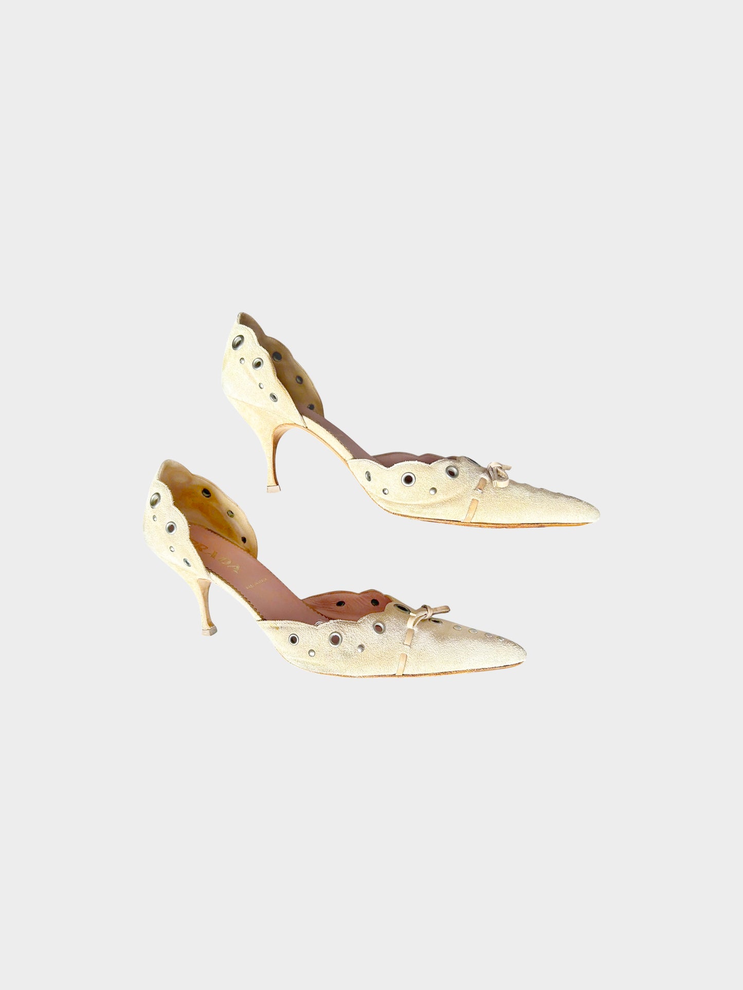 Prada 1990s Beige Suede Eyelet and Bow Heels
