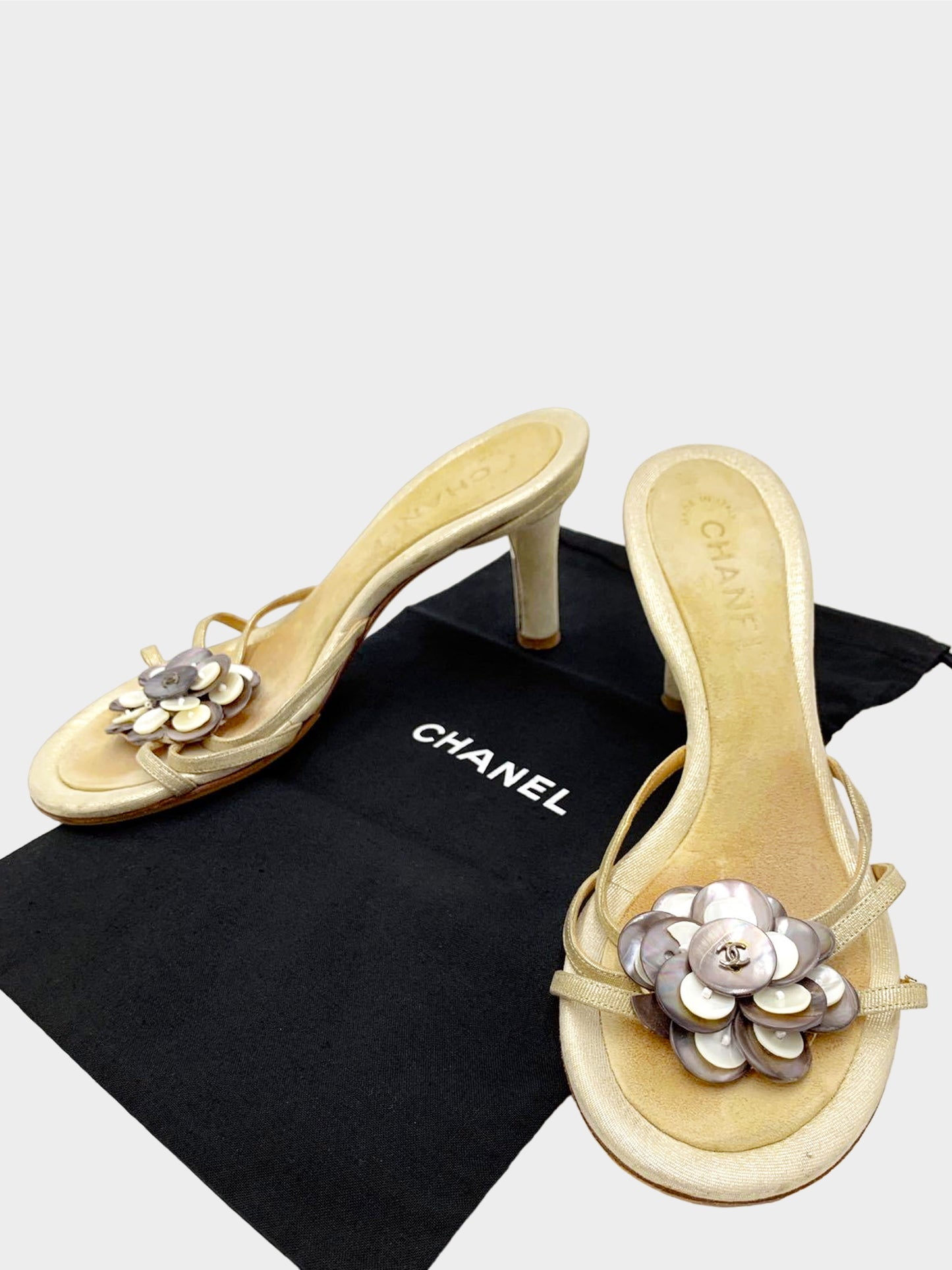 Chanel 2000s Gold and Beige Camellia Heeled Mules