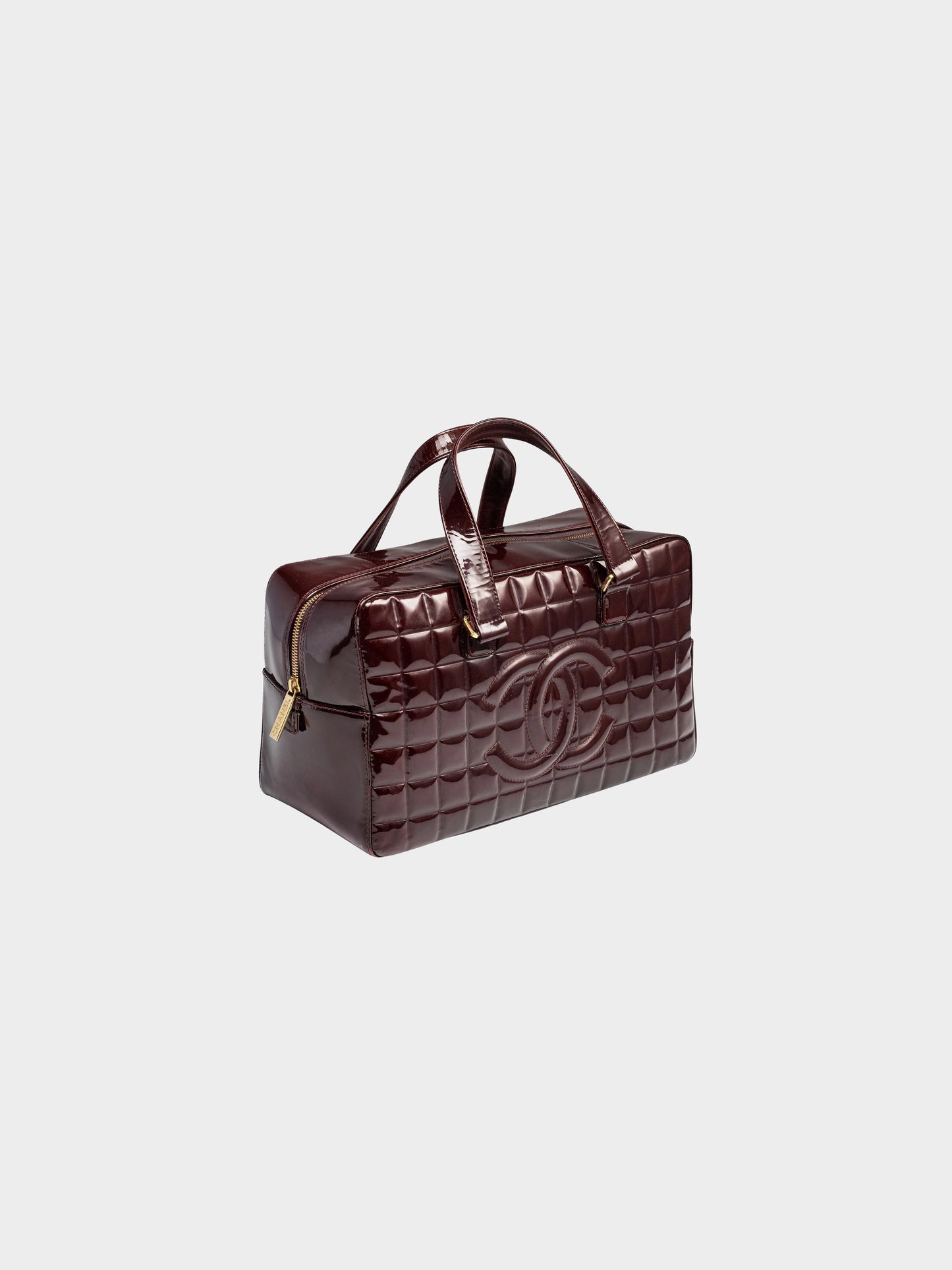Chanel 2002-2003 Burgundy Patent Leather Chocolate Bar Quilted Bowler Bag