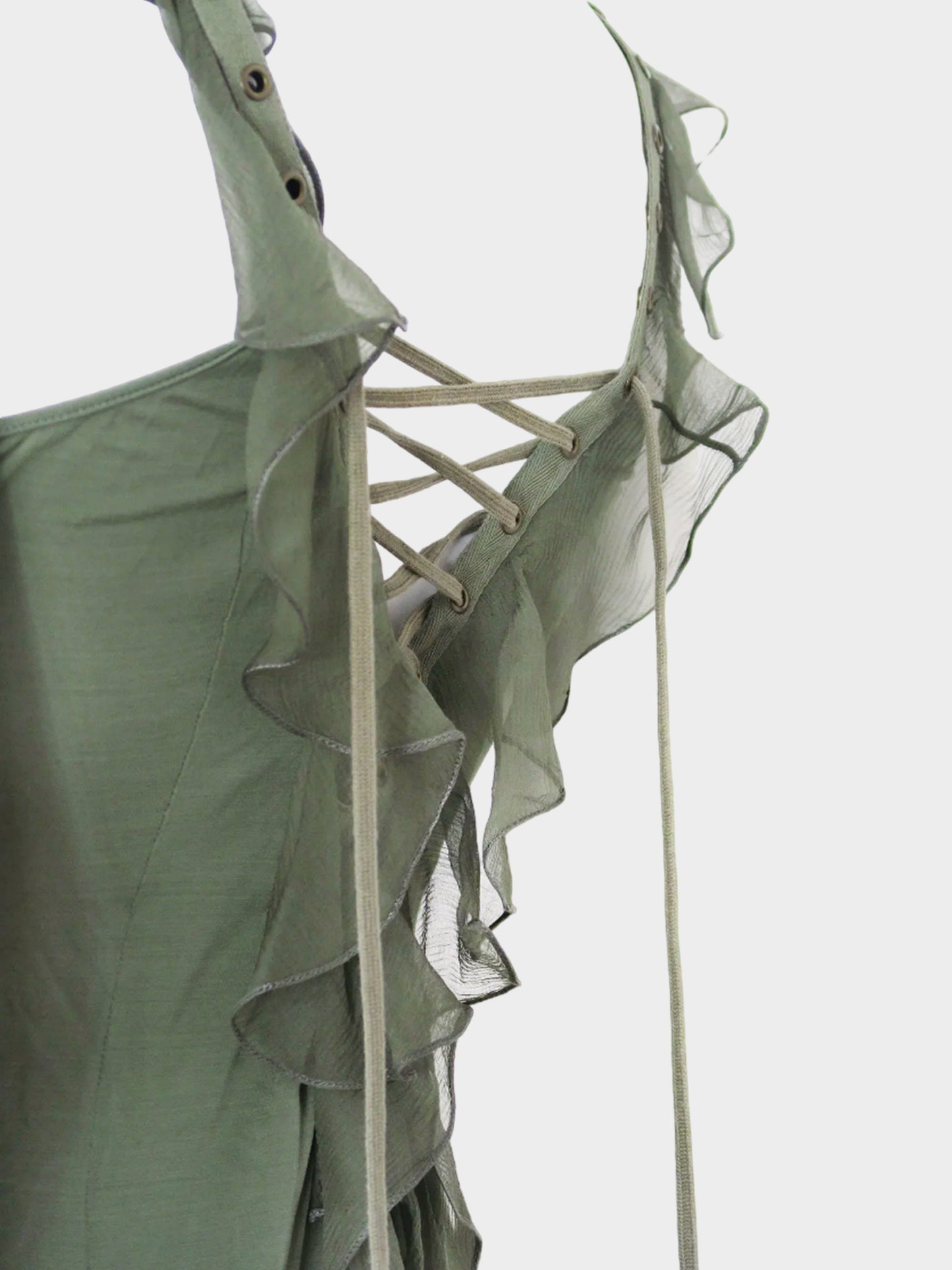 Christian Dior by John Galliano FW 2003 Green Silk Chiffon Ruffled Lace-Up Dress