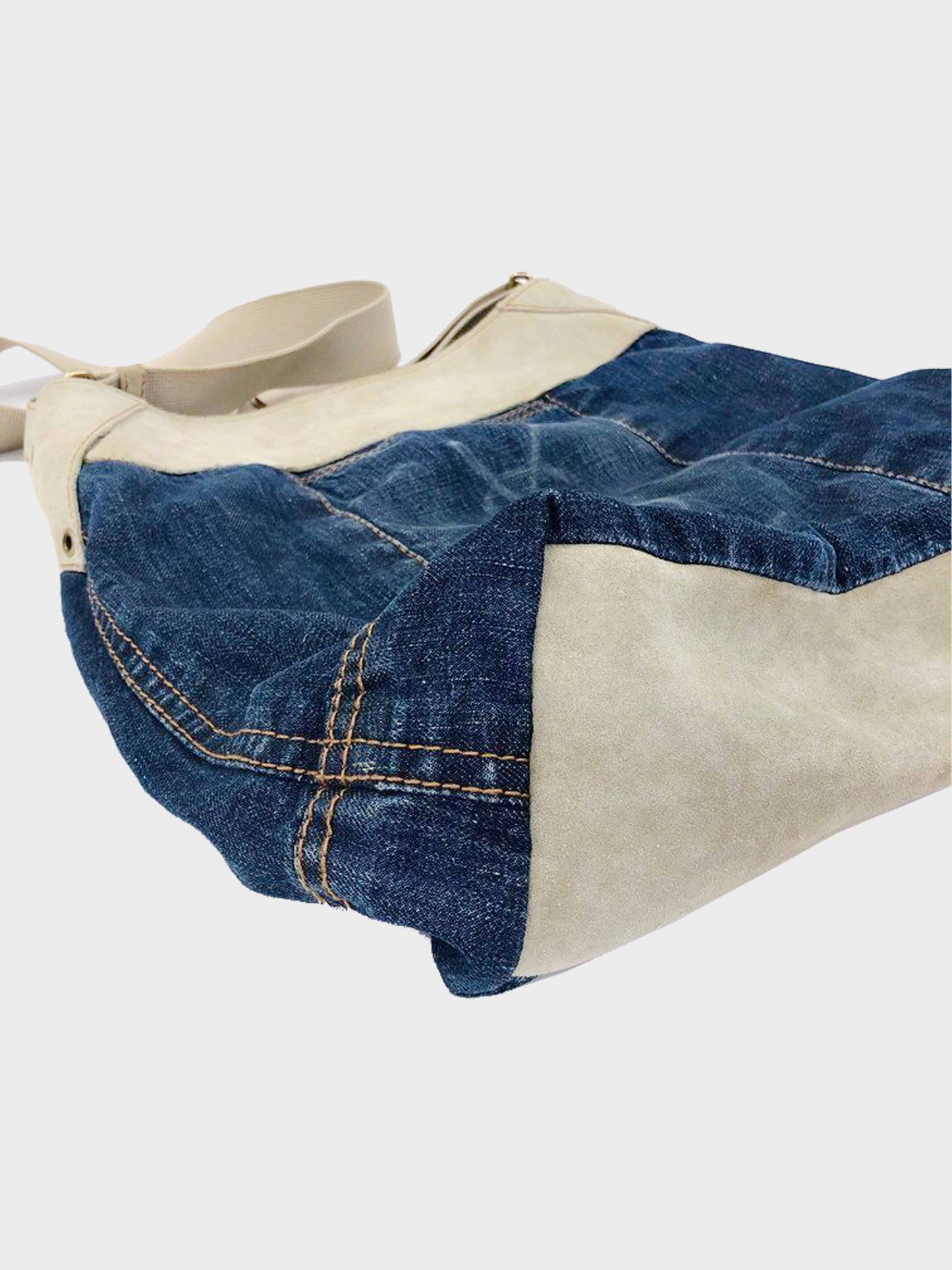 Yves Saint Laurent 1990s Denim and Beige Suede Shoulder Bag