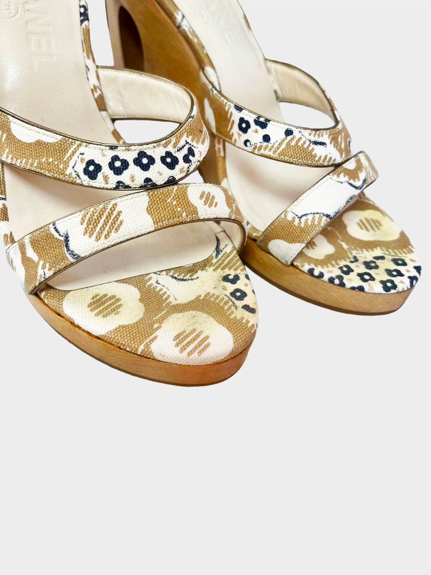 Chanel 2000s Floral Print Canvas Wooden Heels