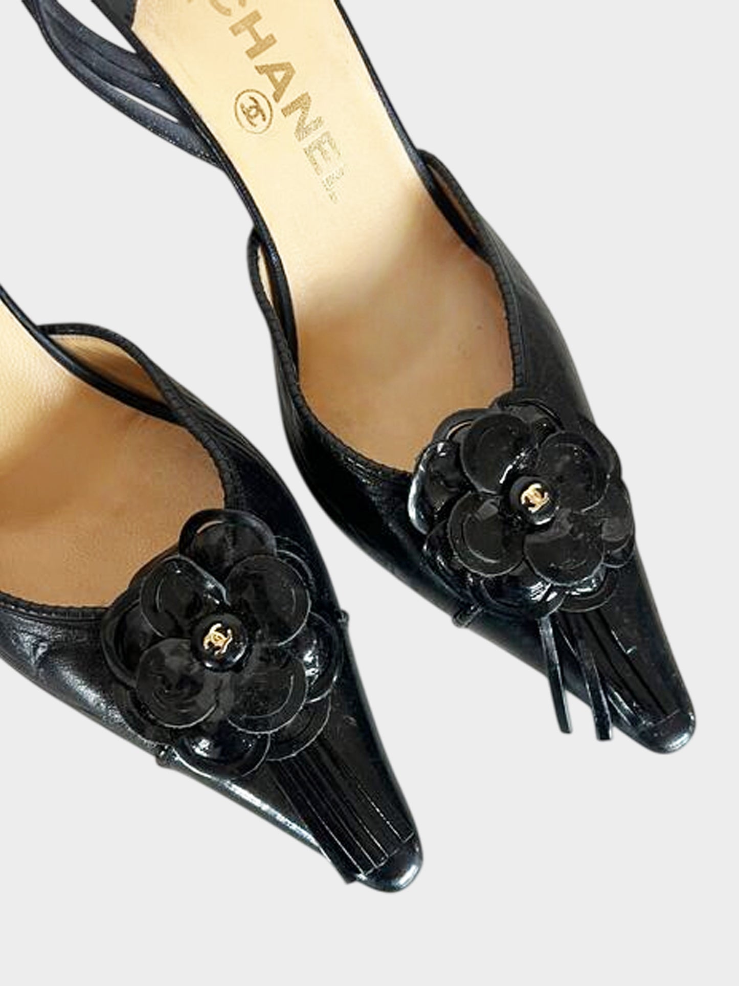 Chanel 2002 Black Camellia Leather Slingback Heels