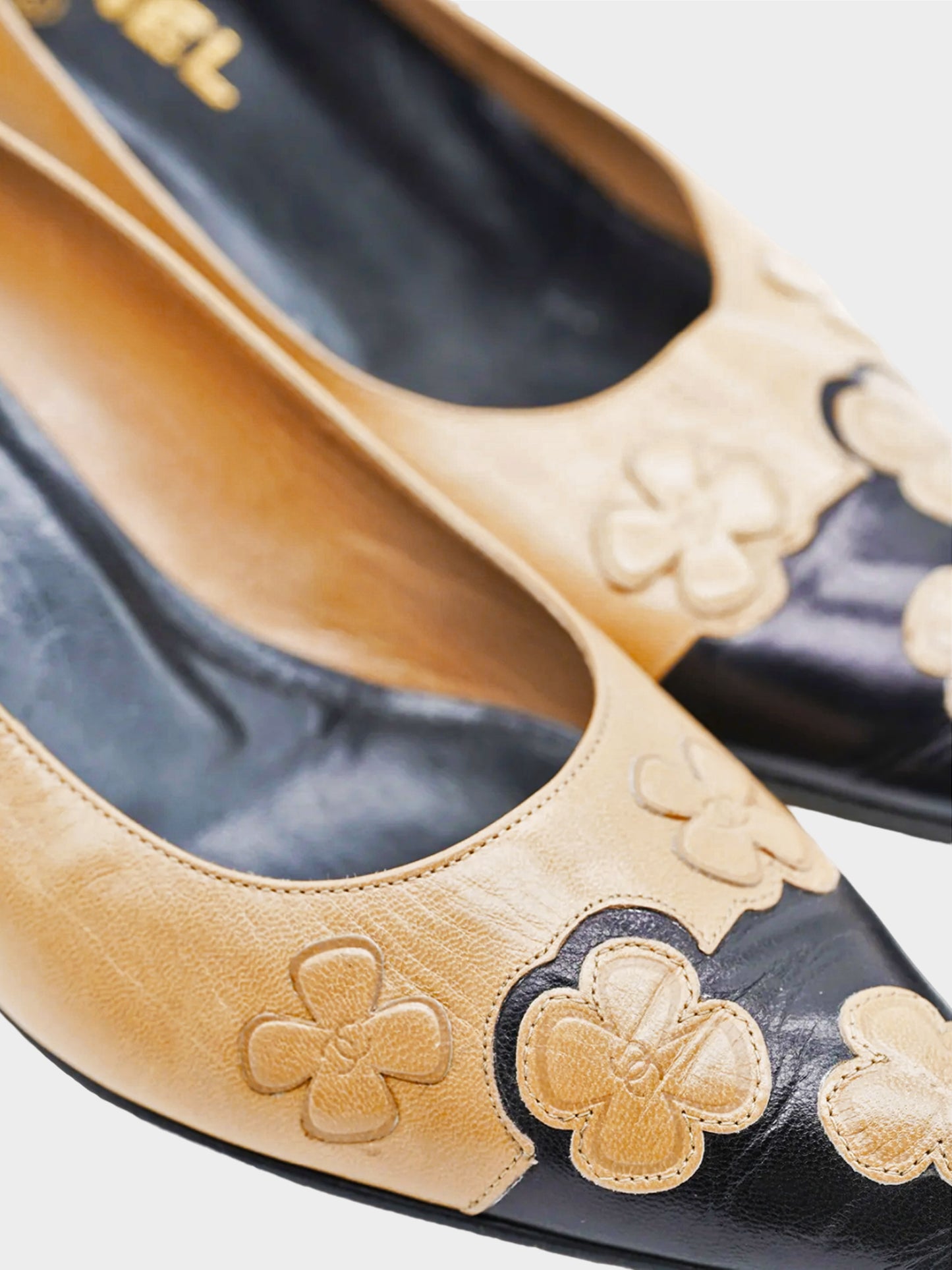 Chanel by Karl Lagerfeld 1990s Beige and Black Two-toned Floral Pumps