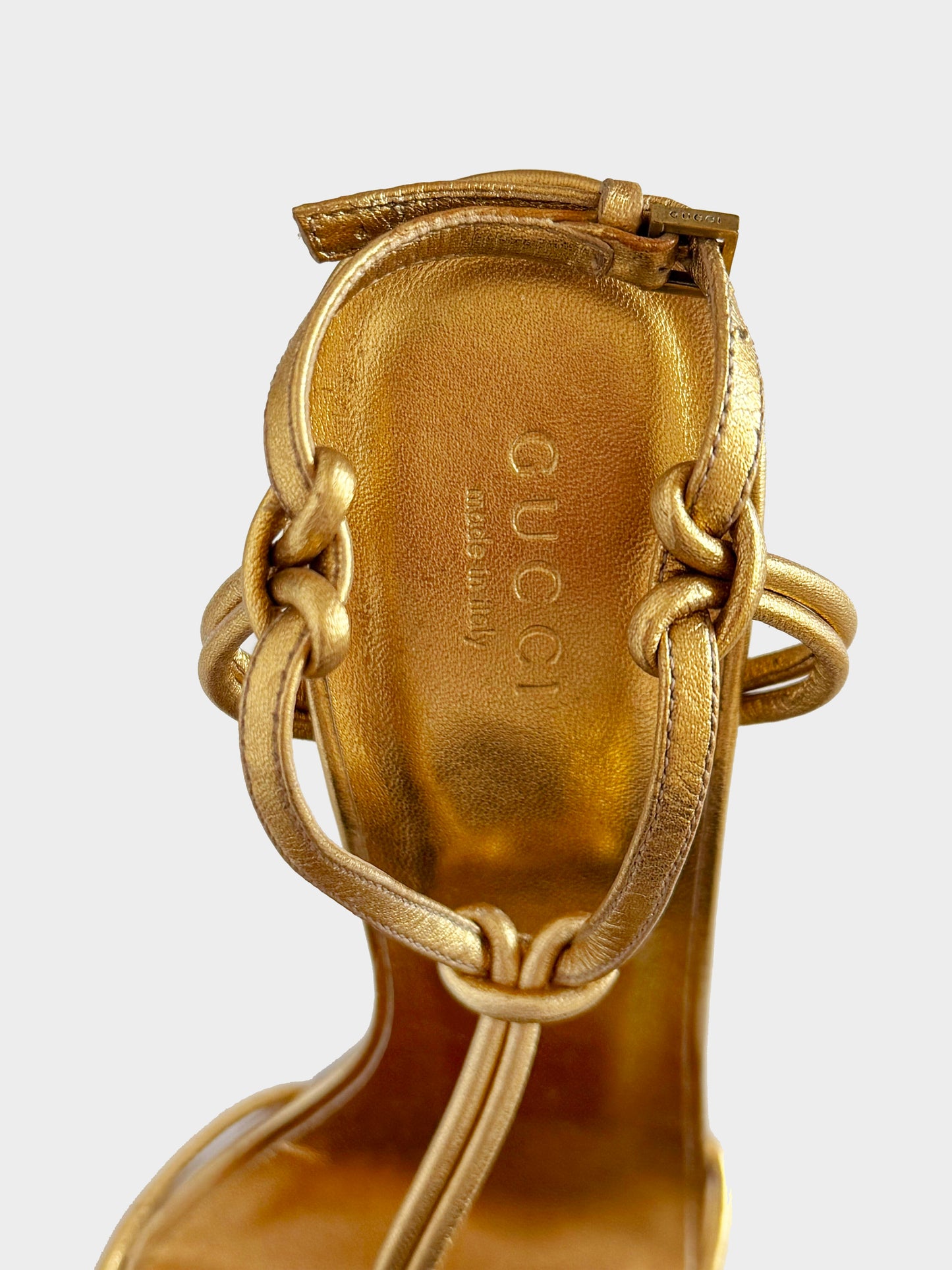 Gucci 2000s Gold Leather Phoebe Bead Embellished Heels