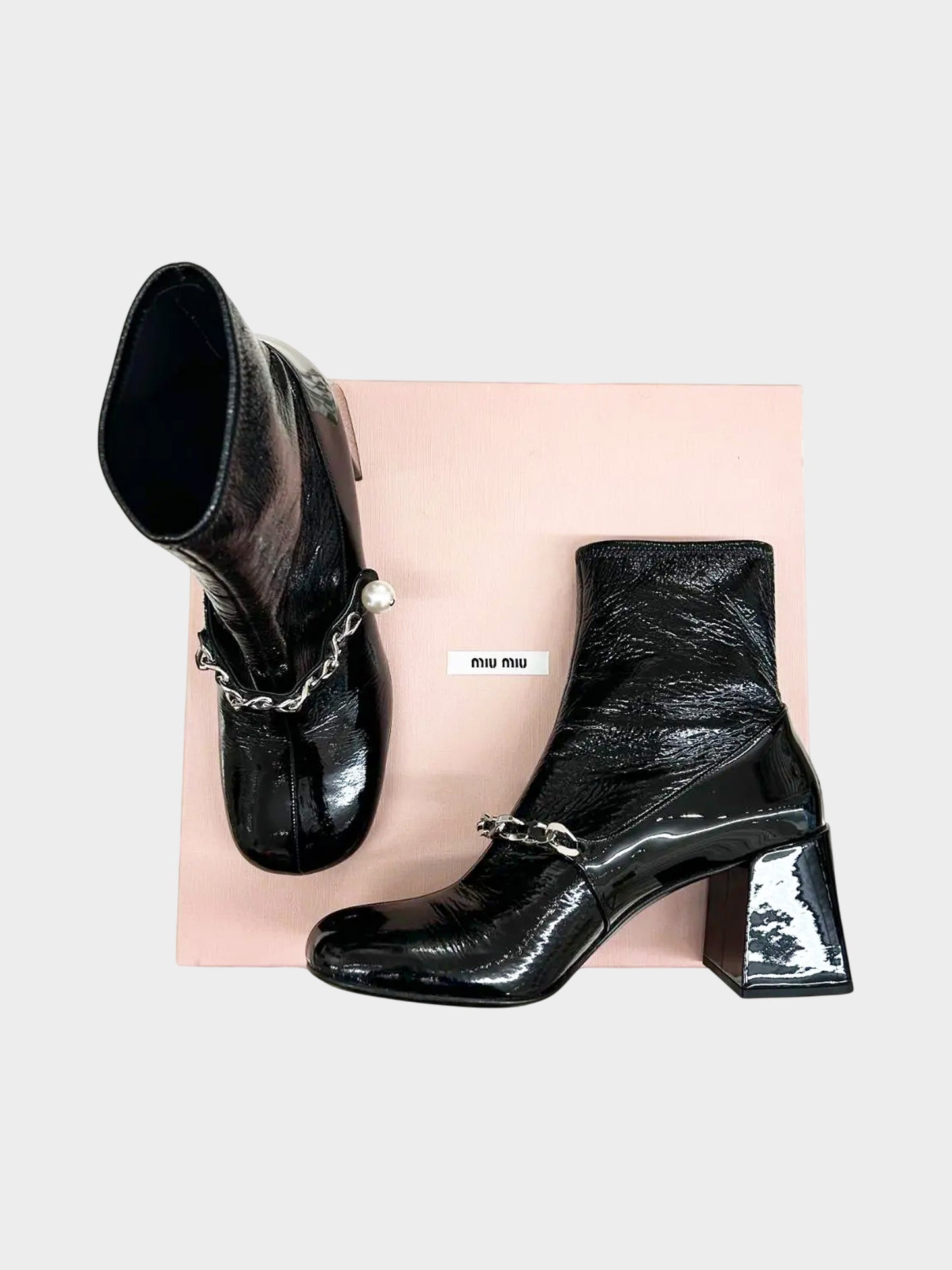 Miu Miu 2020s Black Patent Leather Chain-Link and Faux Pearl Accent Ankle Boots
