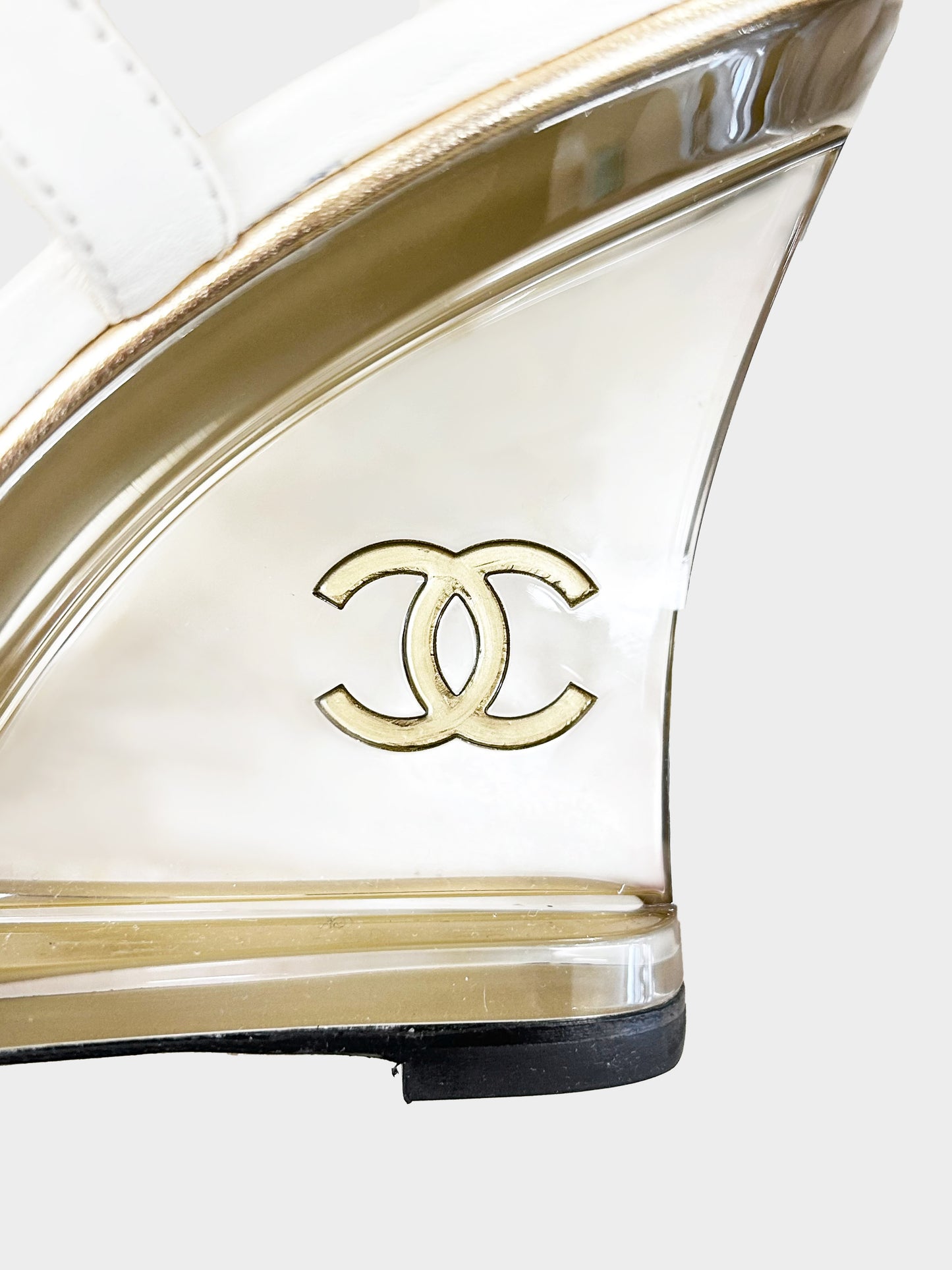 Chanel 2020 Ivory Leather Lucite Logo Wedges  Heels