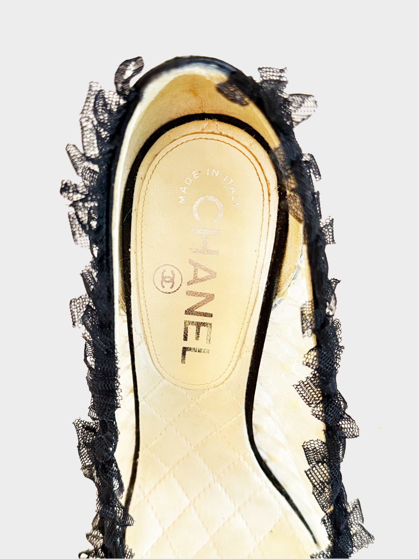 Chanel 2012 Ivory and Black Ruffled Lace Pumps