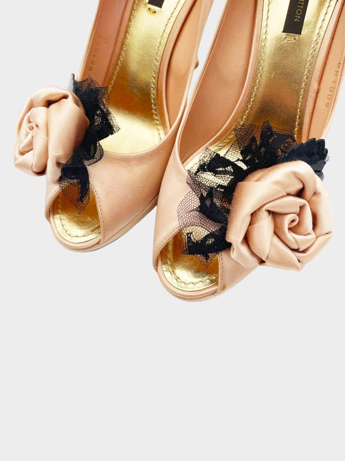 Louis Vuitton 2009 Beige Pink Corsage Peep Toe Satin Pumps