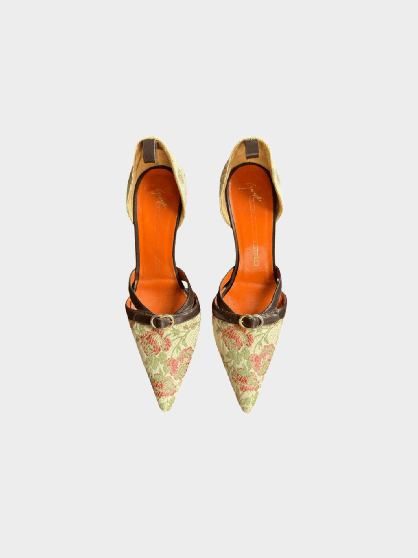 Giuseppe Zanotti 2000s Floral Canvas Brown Leather Buckle Heels