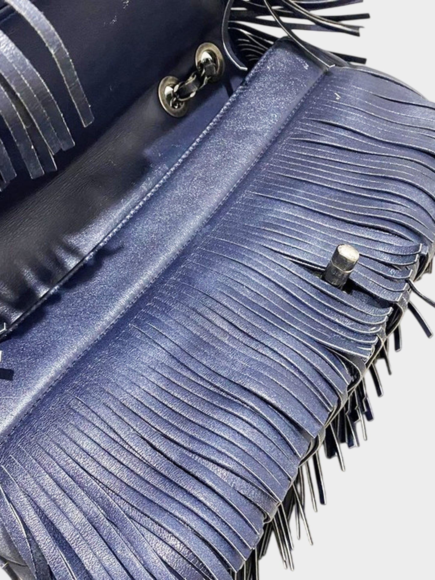 Chanel 2014 Navy Calfskin Leather Paris-Dallas Fringe Flap Bag