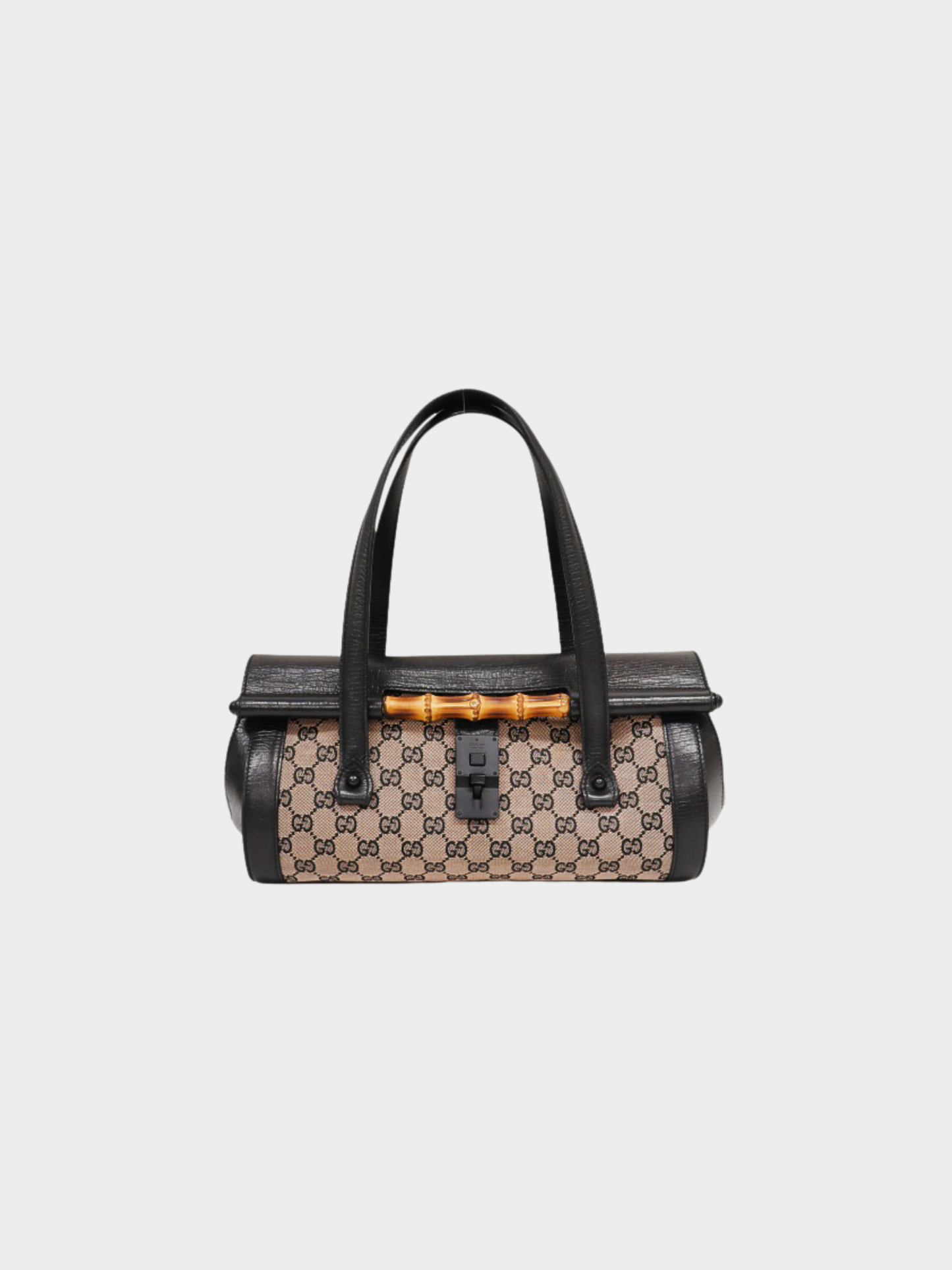 Gucci 2000s Black Beige GG Canvas Bamboo Handbag