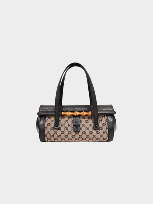 Gucci 2000s Black Beige GG Canvas Bamboo Handbag
