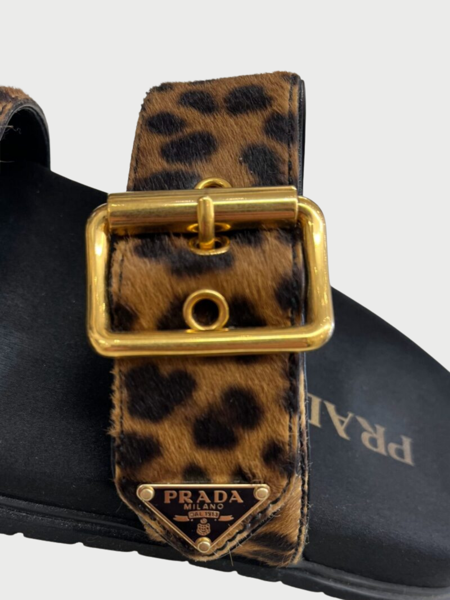Prada 2010s Leopard Pony Hair Triangle Logo Sandals
