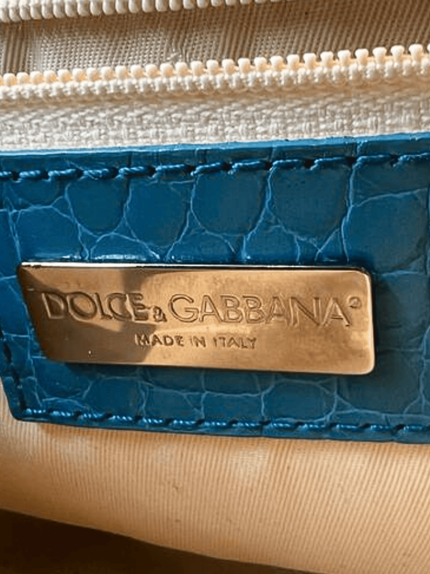 Dolce and Gabbana 2000s Blue Printed Fabric And Croc Embossed Leather DG Flap Baguette